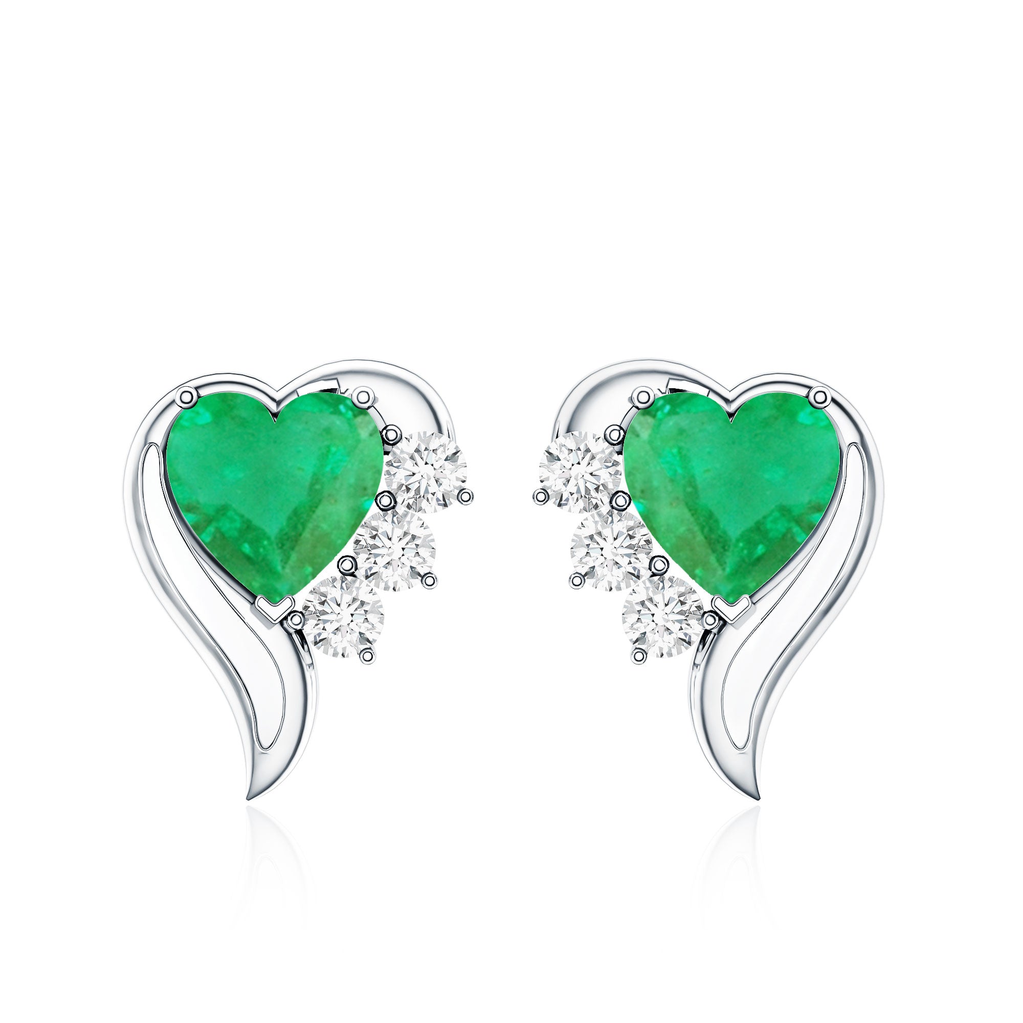 Real Emerald and Diamond Heart Stud Earrings AAA - Rosec Jewels