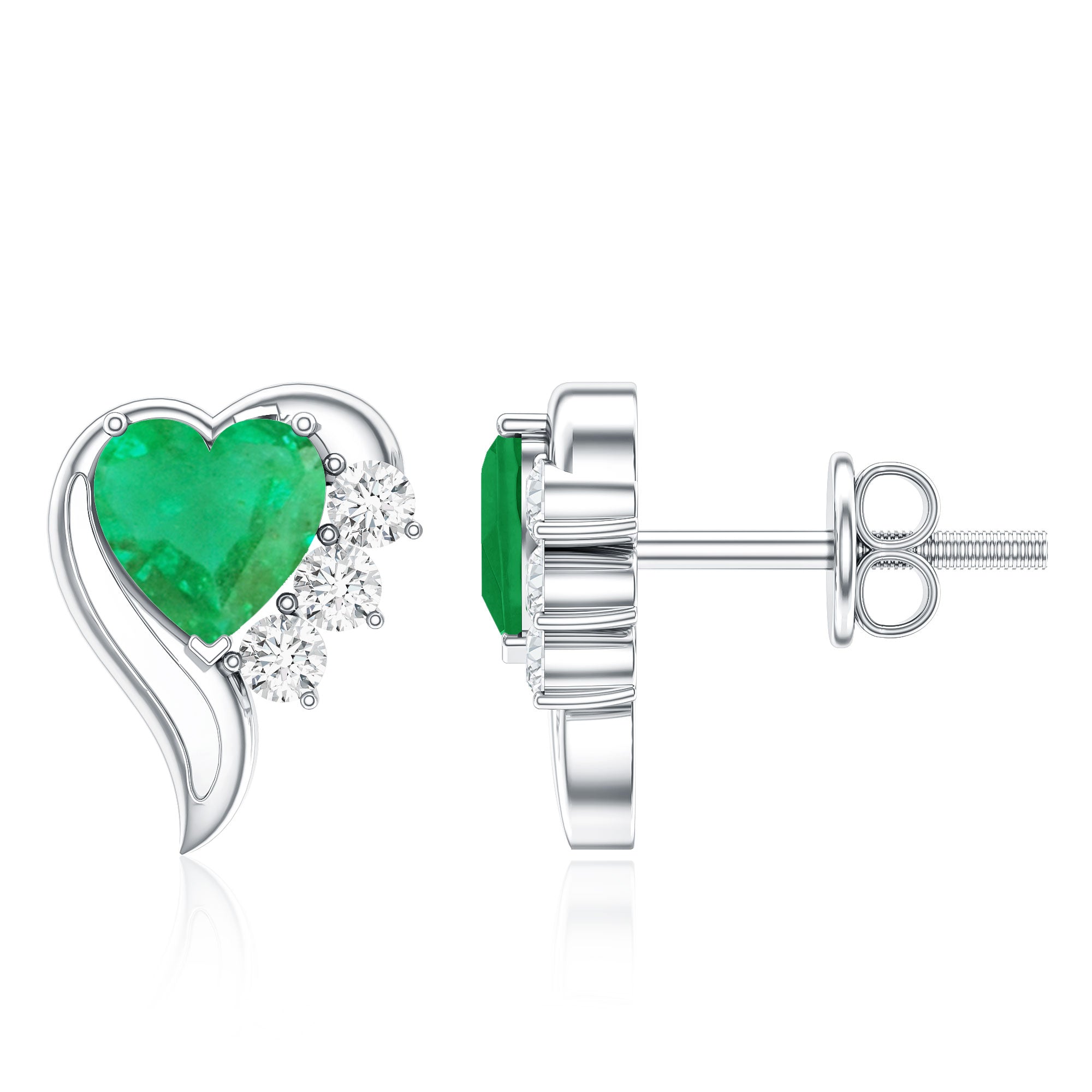Real Emerald and Diamond Heart Stud Earrings AAA - Rosec Jewels