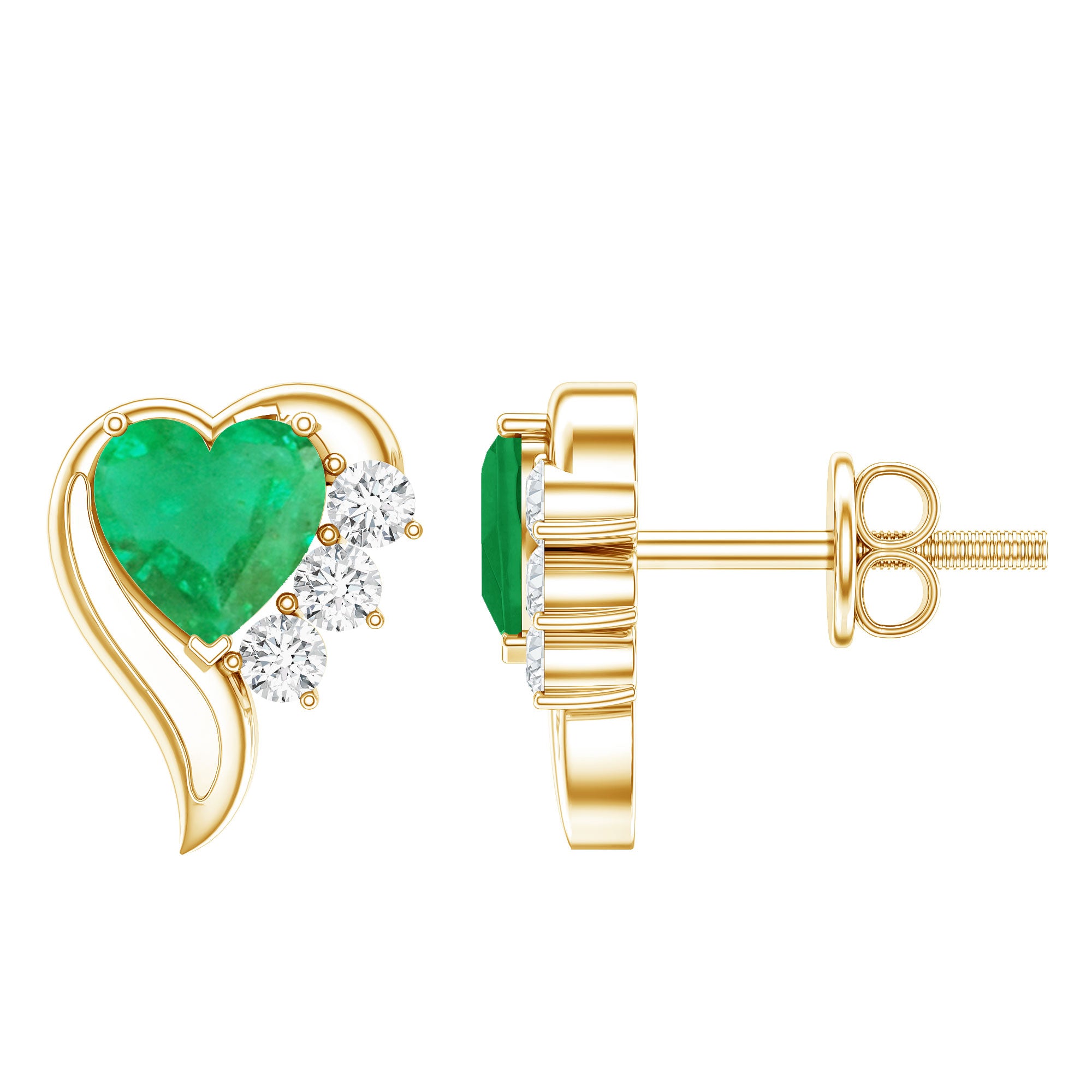 Real Emerald and Diamond Heart Stud Earrings AAA - Rosec Jewels