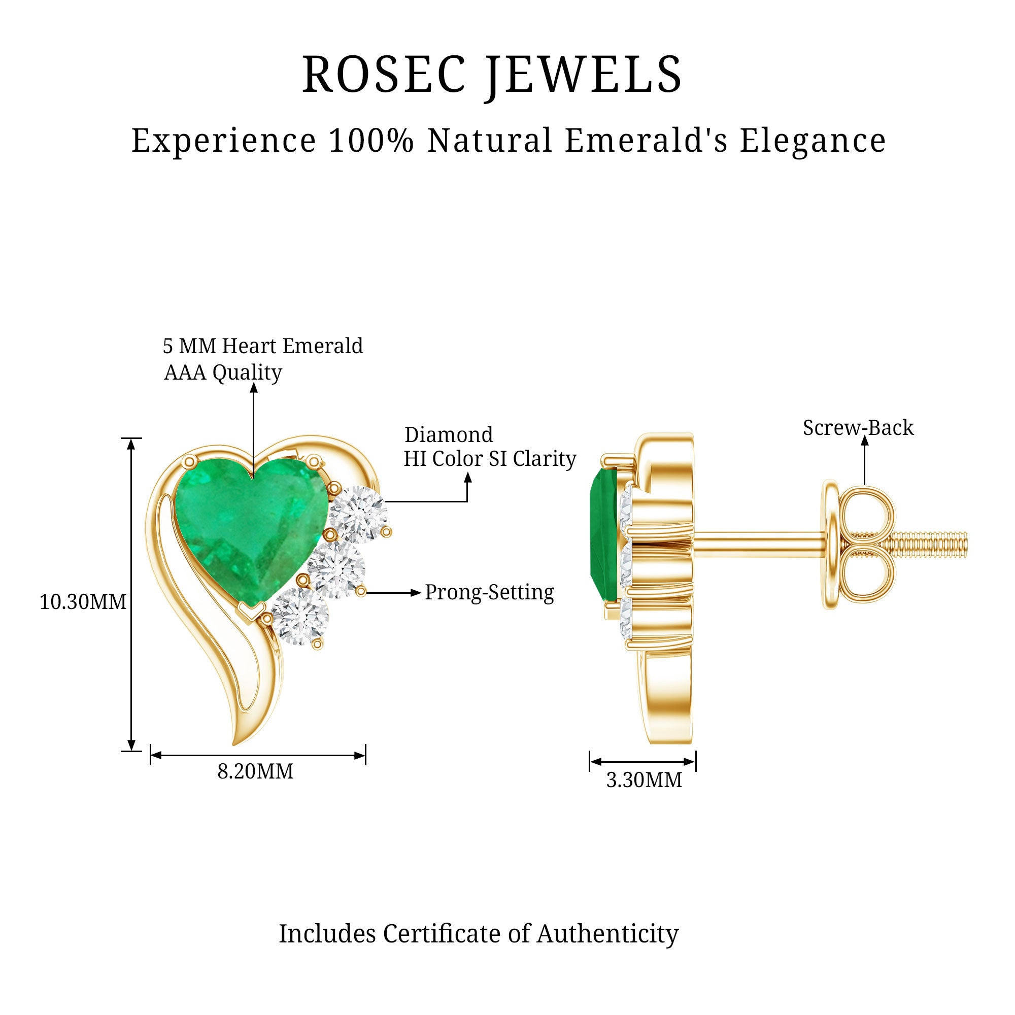 Real Emerald and Diamond Heart Stud Earrings AAA - Rosec Jewels