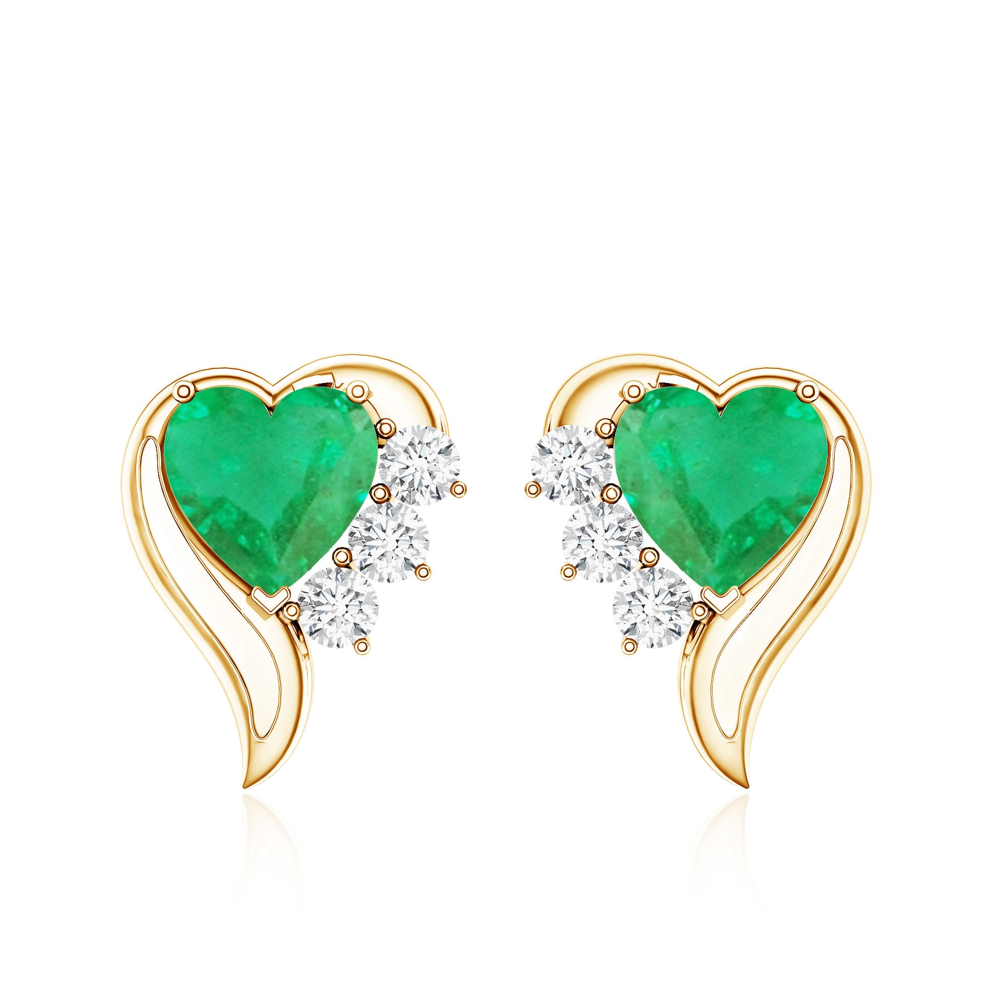 Real Emerald and Diamond Heart Stud Earrings AAA - Rosec Jewels