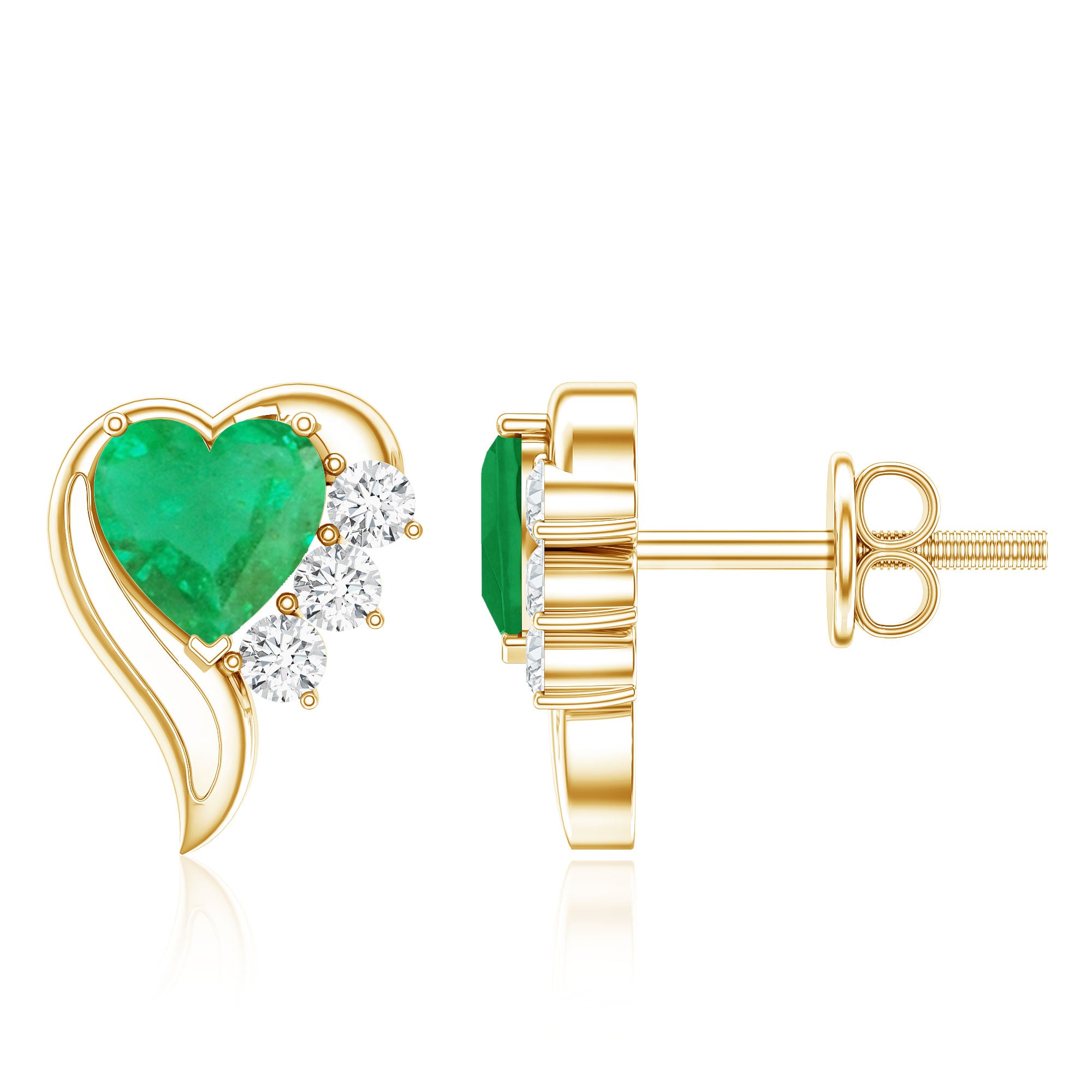 Real Emerald and Diamond Heart Stud Earrings AAA - Rosec Jewels