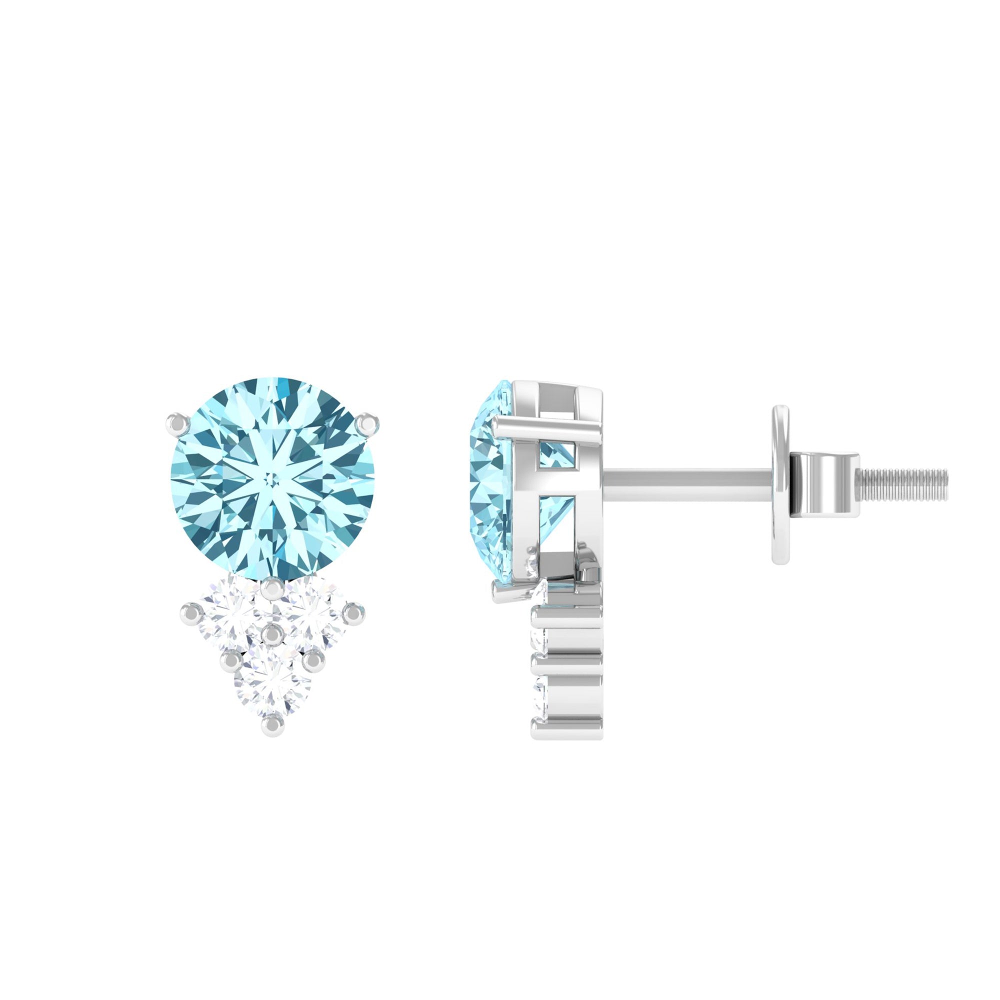2 CT Natural Aquamarine Stud Earrings with Diamond Trio