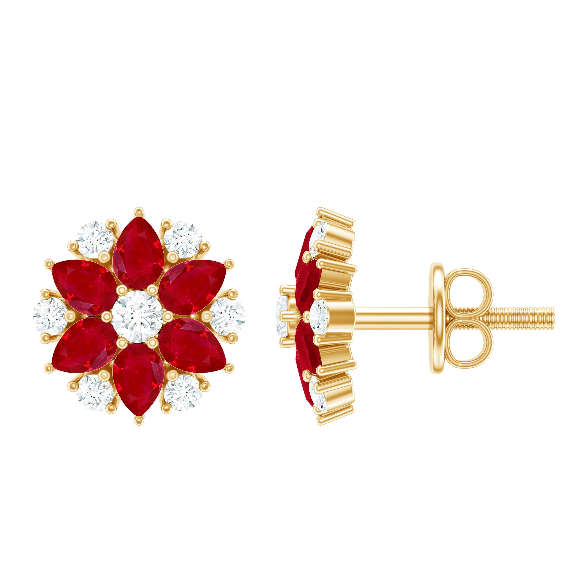 Pear Cut Ruby and Diamond Vintage Flower Earrings AAA - Rosec Jewels