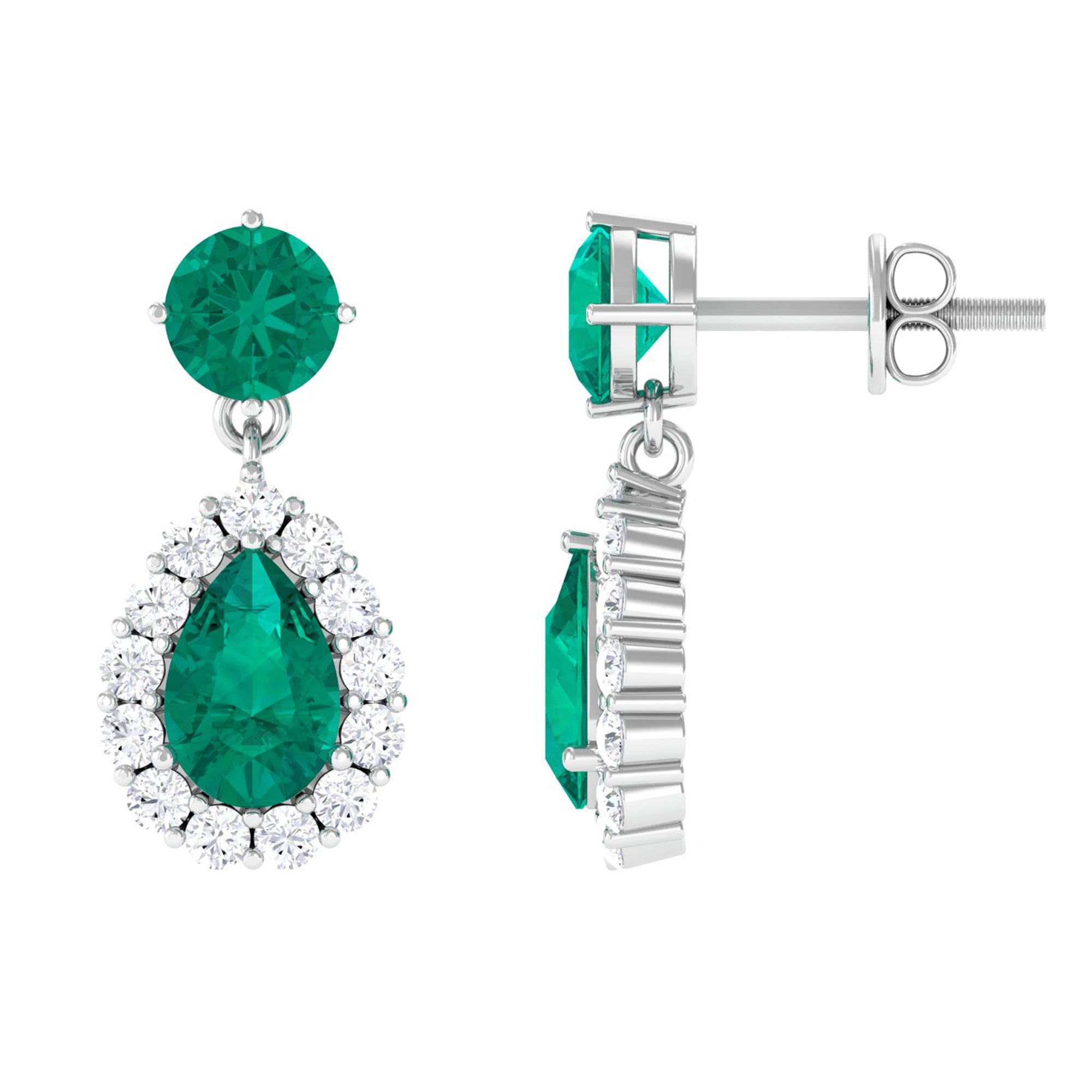 Natural Emerald Teardrop Earrings with Diamond Halo
