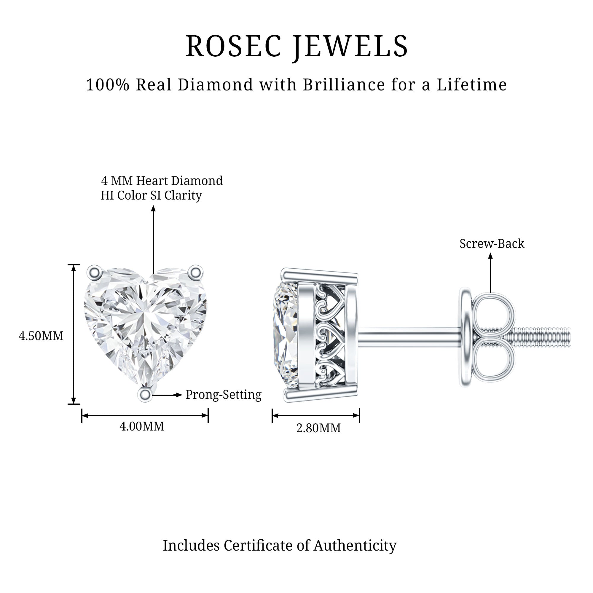 Certified Real Diamond Heart Shaped Earrings with Screw Back Natural - ( HI-SI ) - Rosec Jewels