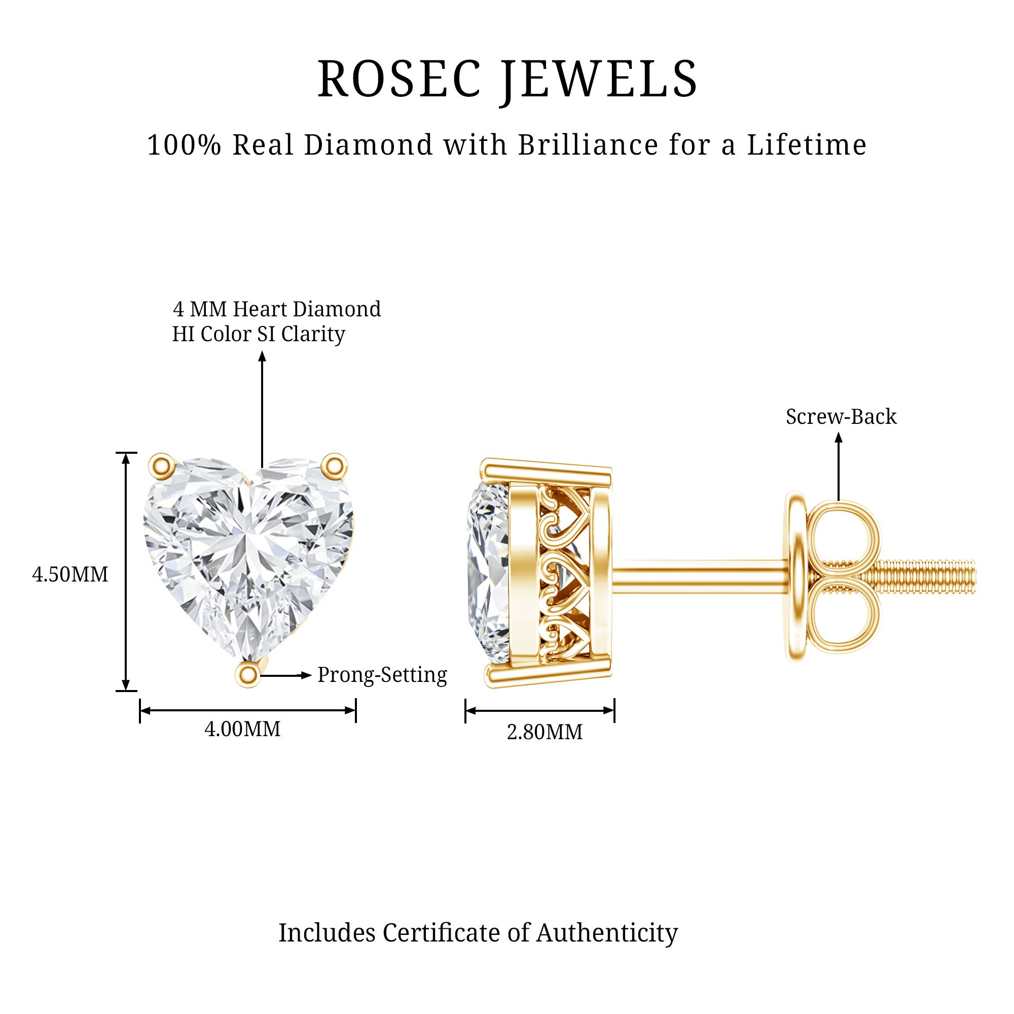 Certified Real Diamond Heart Shaped Earrings with Screw Back Natural - ( HI-SI ) - Rosec Jewels