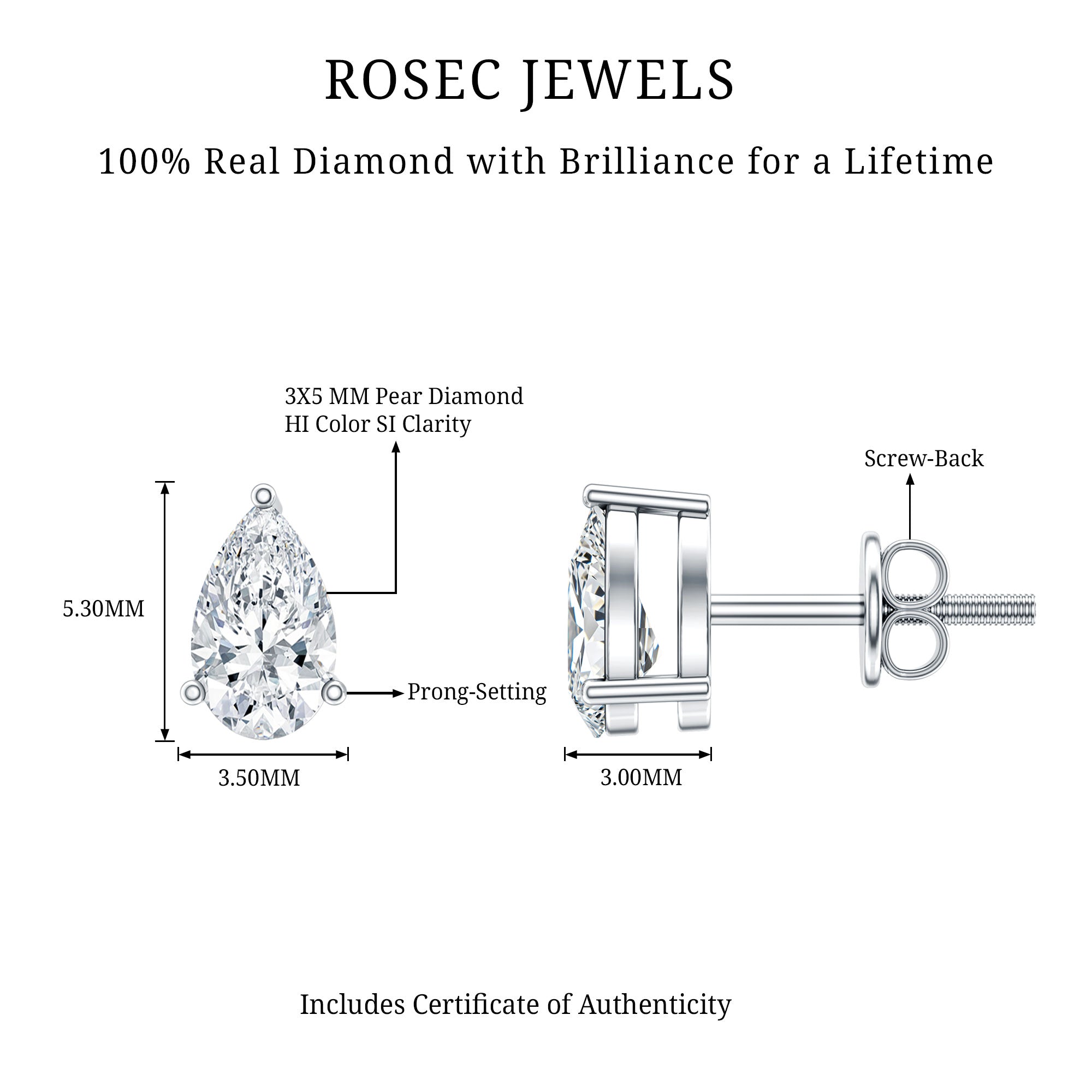 Pear Cut Diamond Solitaire Stud Earrings Natural - ( HI-SI ) - Rosec Jewels