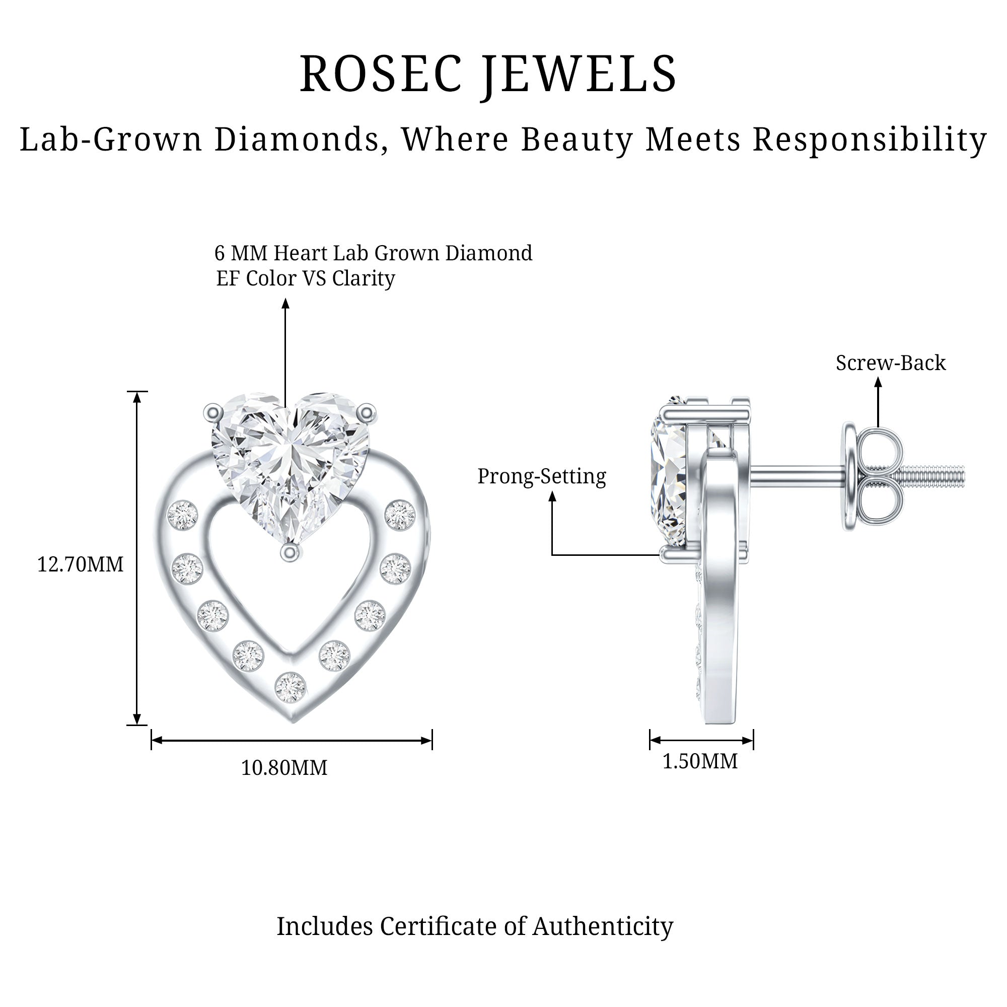 6 MM Lab Grown Diamond Heart Studs For Her Lab - ( EF-VS ) - Rosec Jewels