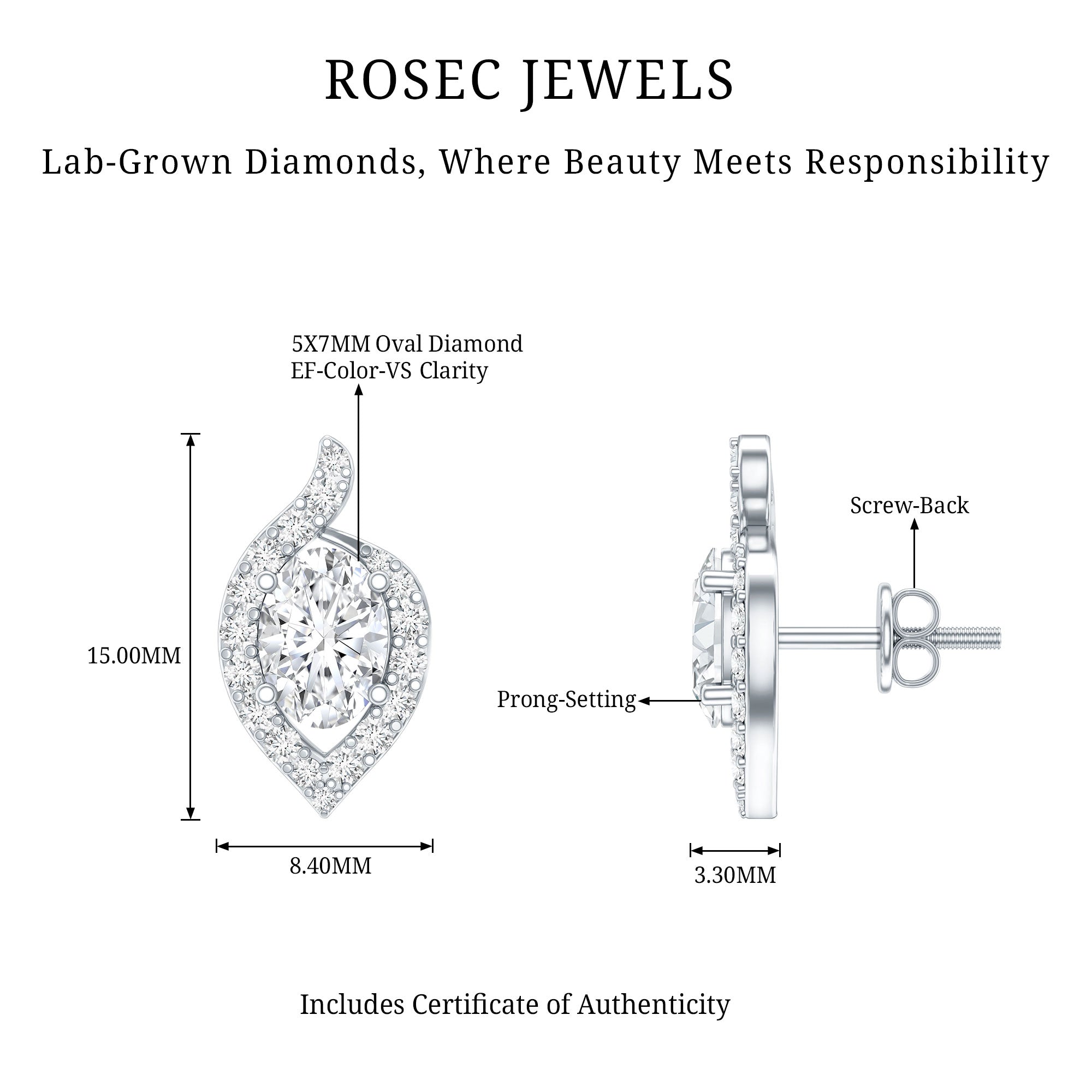 Certified 5X7 MM Oval Lab Grown Diamond Stud Earrings For Women Lab - ( EF-VS ) - Rosec Jewels