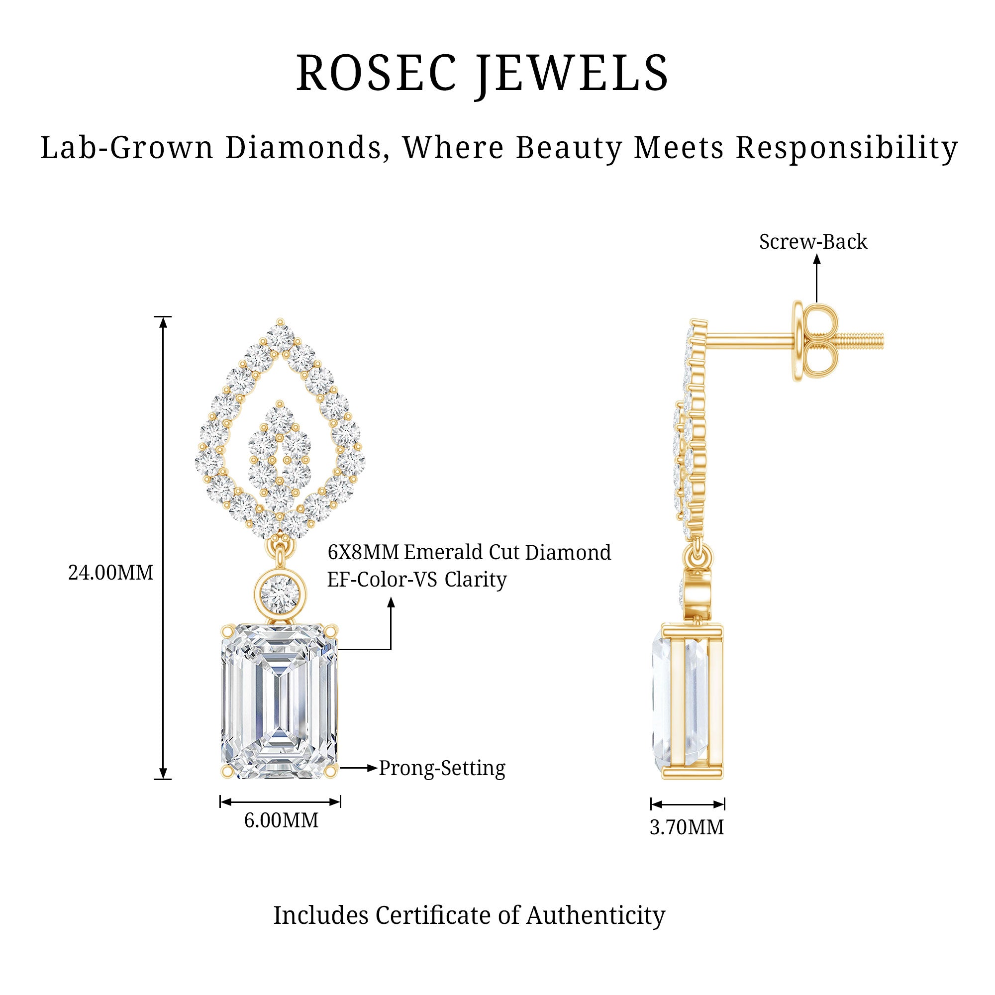 Emerald Cut Lab Grown Diamond Art Deco Drop Earrings Lab - ( EF-VS ) - Rosec Jewels