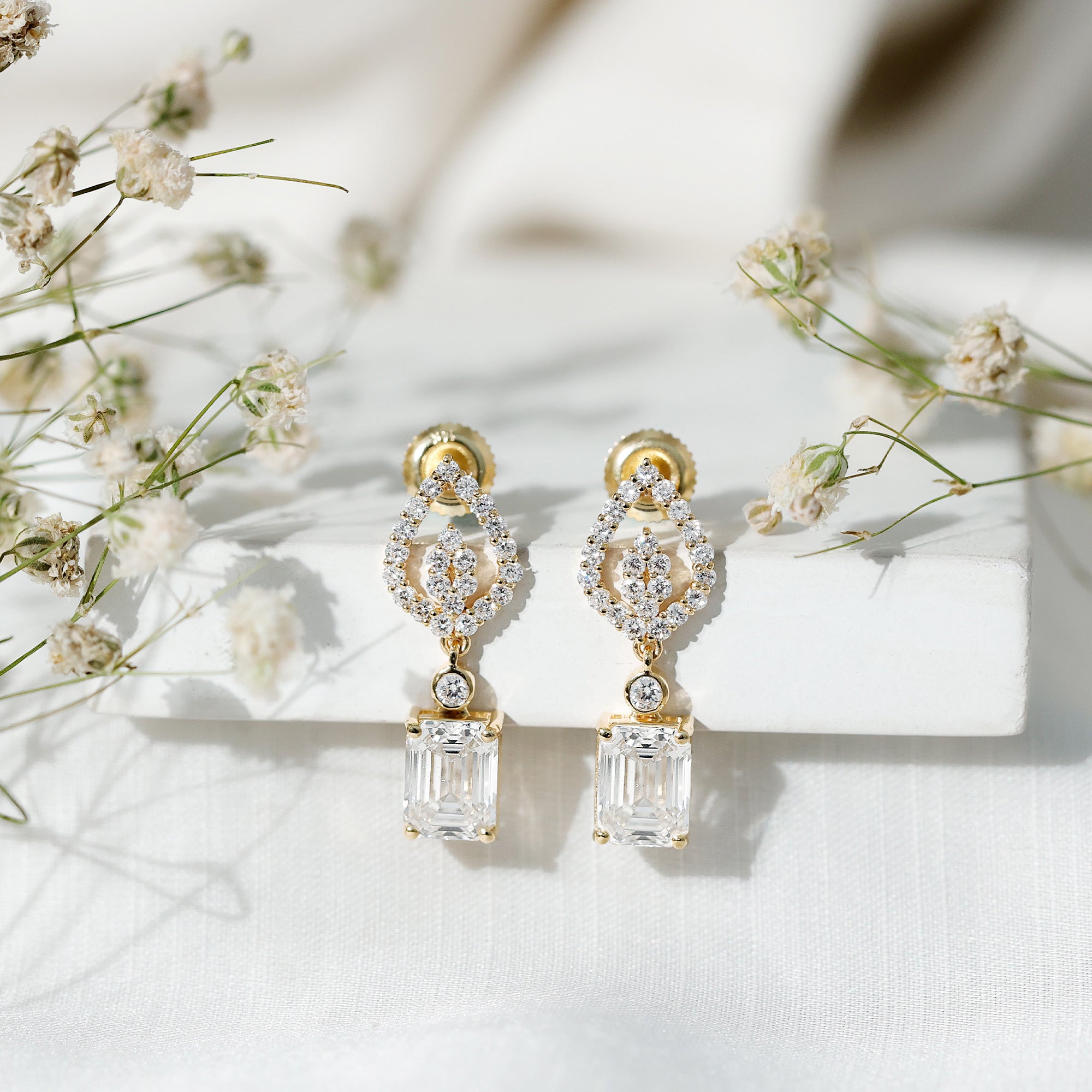 Emerald Cut Lab Grown Diamond Art Deco Drop Earrings Lab - ( EF-VS ) - Rosec Jewels