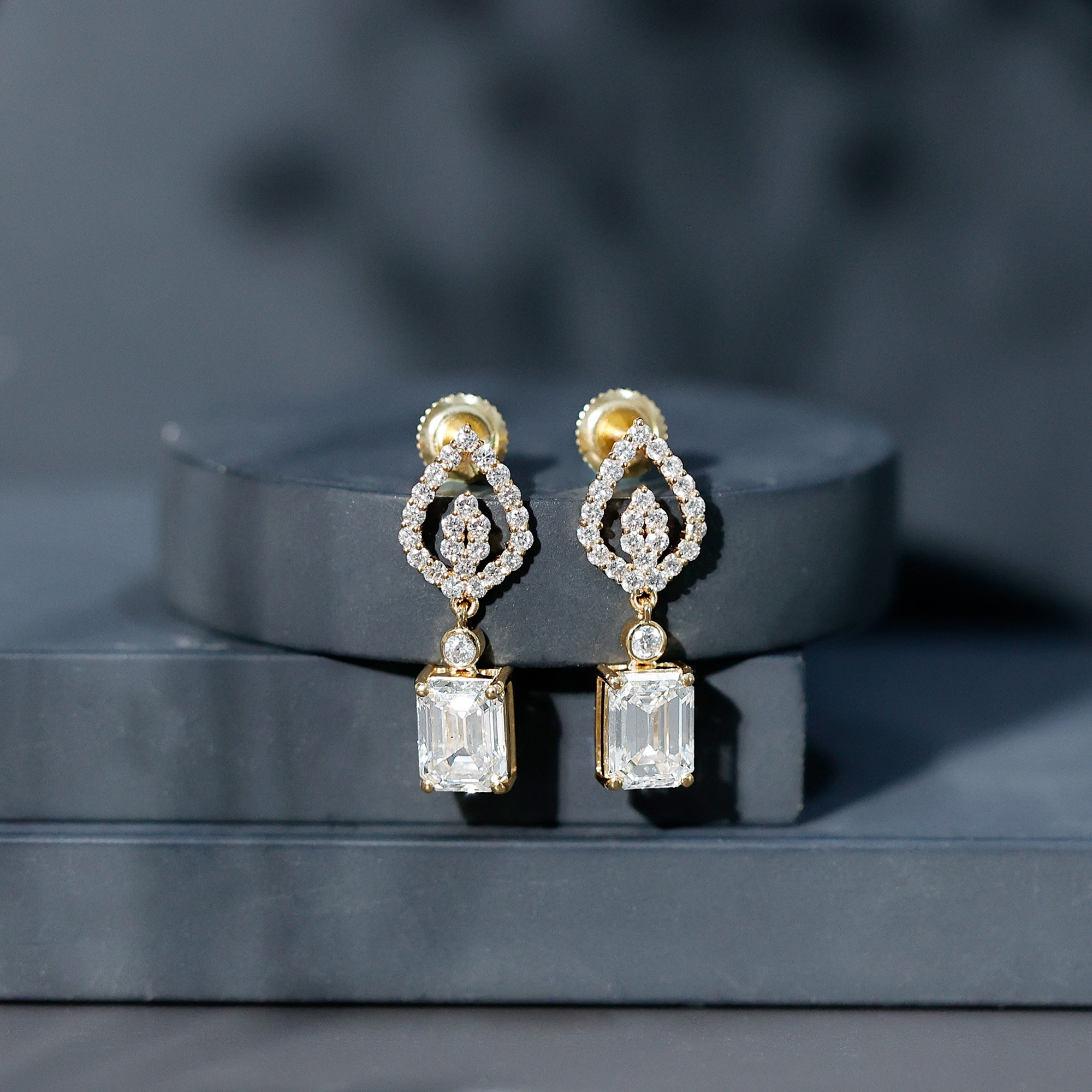Emerald Cut Lab Grown Diamond Art Deco Drop Earrings Lab - ( EF-VS ) - Rosec Jewels