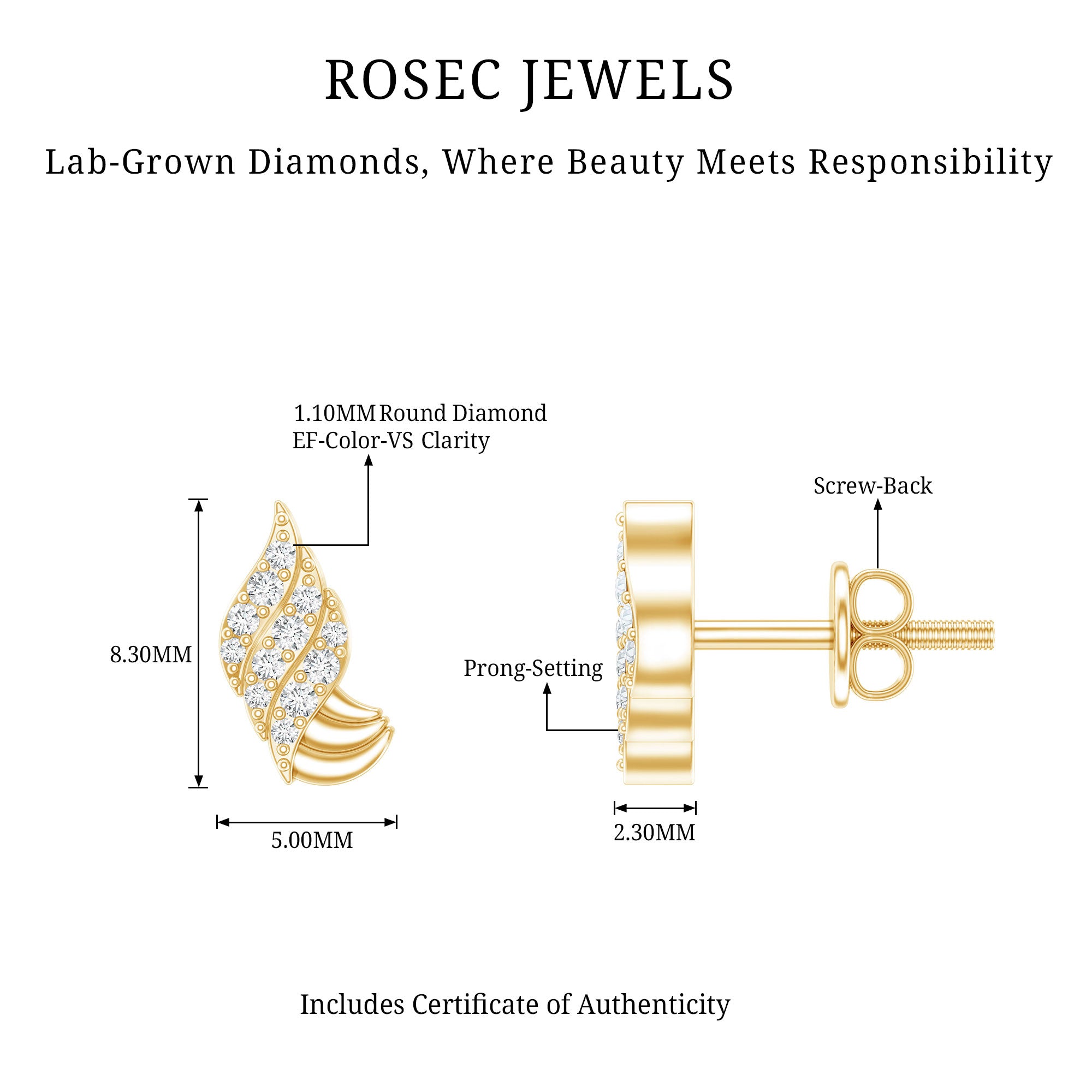 Certified Lab Grown Diamond Leaf Stud Earrings With Screw Back Lab - ( EF-VS ) - Rosec Jewels