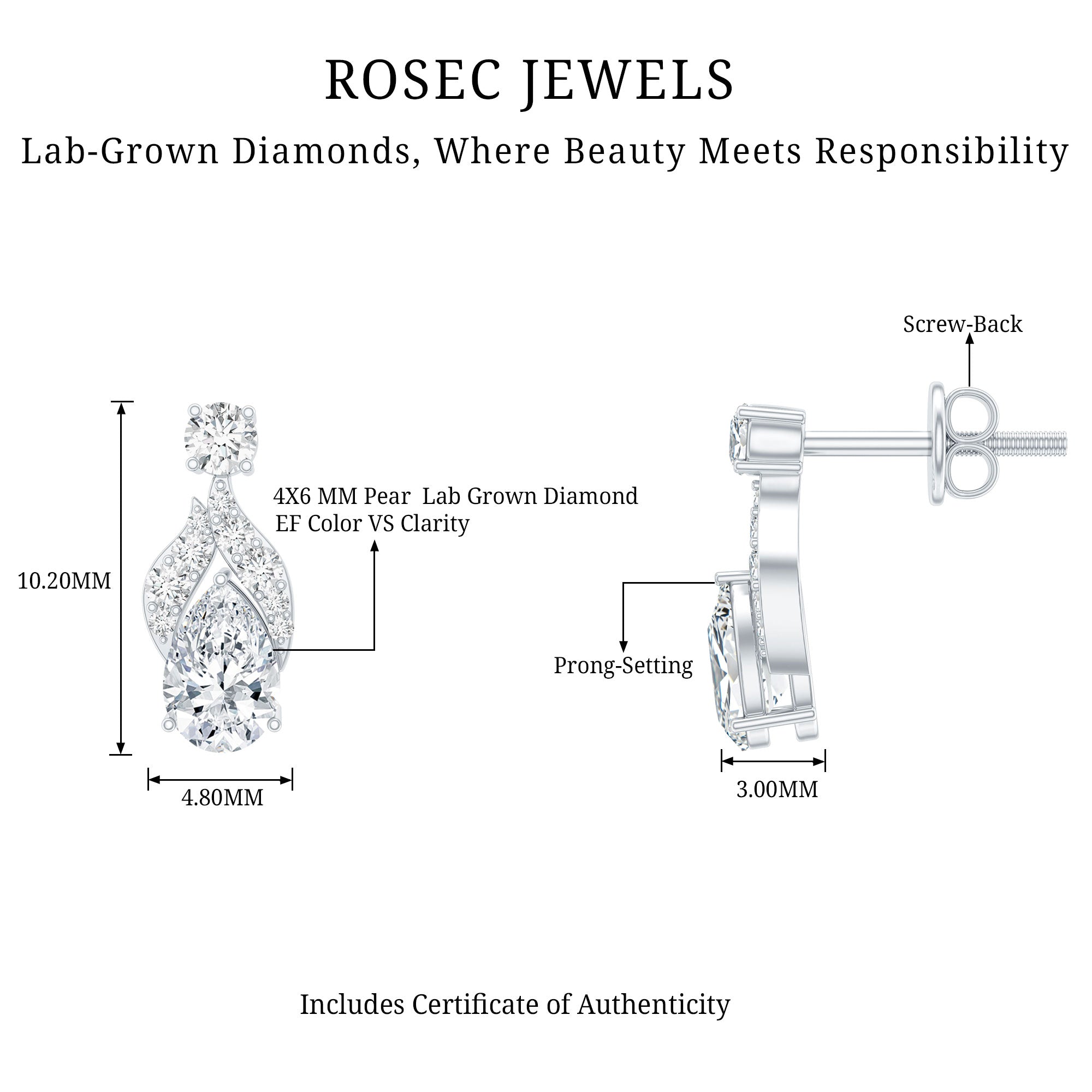 Certified Lab Grown Diamond Teardrop Stud Earrings Lab - ( EF-VS ) - Rosec Jewels