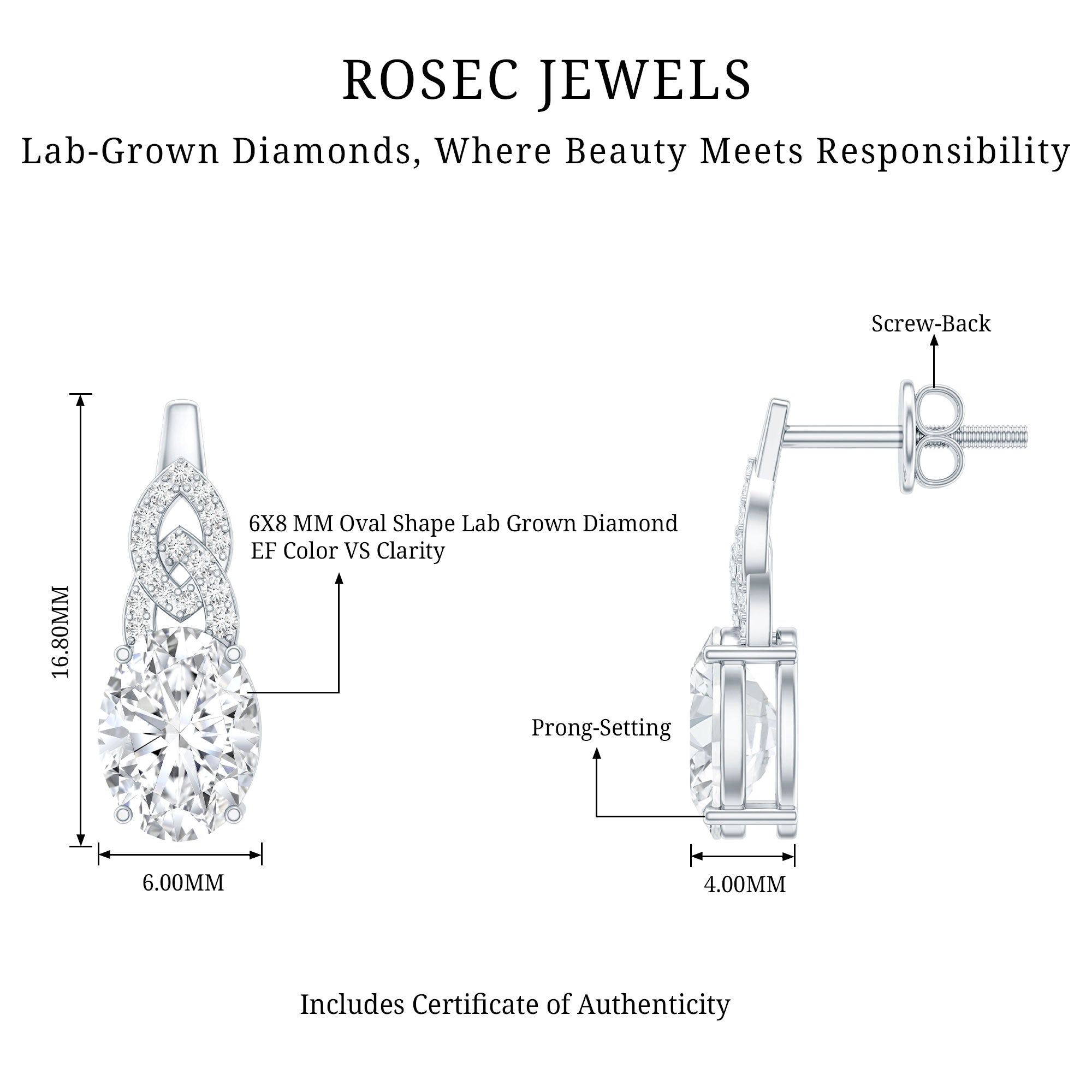 6X8 MM Oval Lab Grown Diamond Designer Stud Earrings Lab - ( EF-VS ) - Rosec Jewels