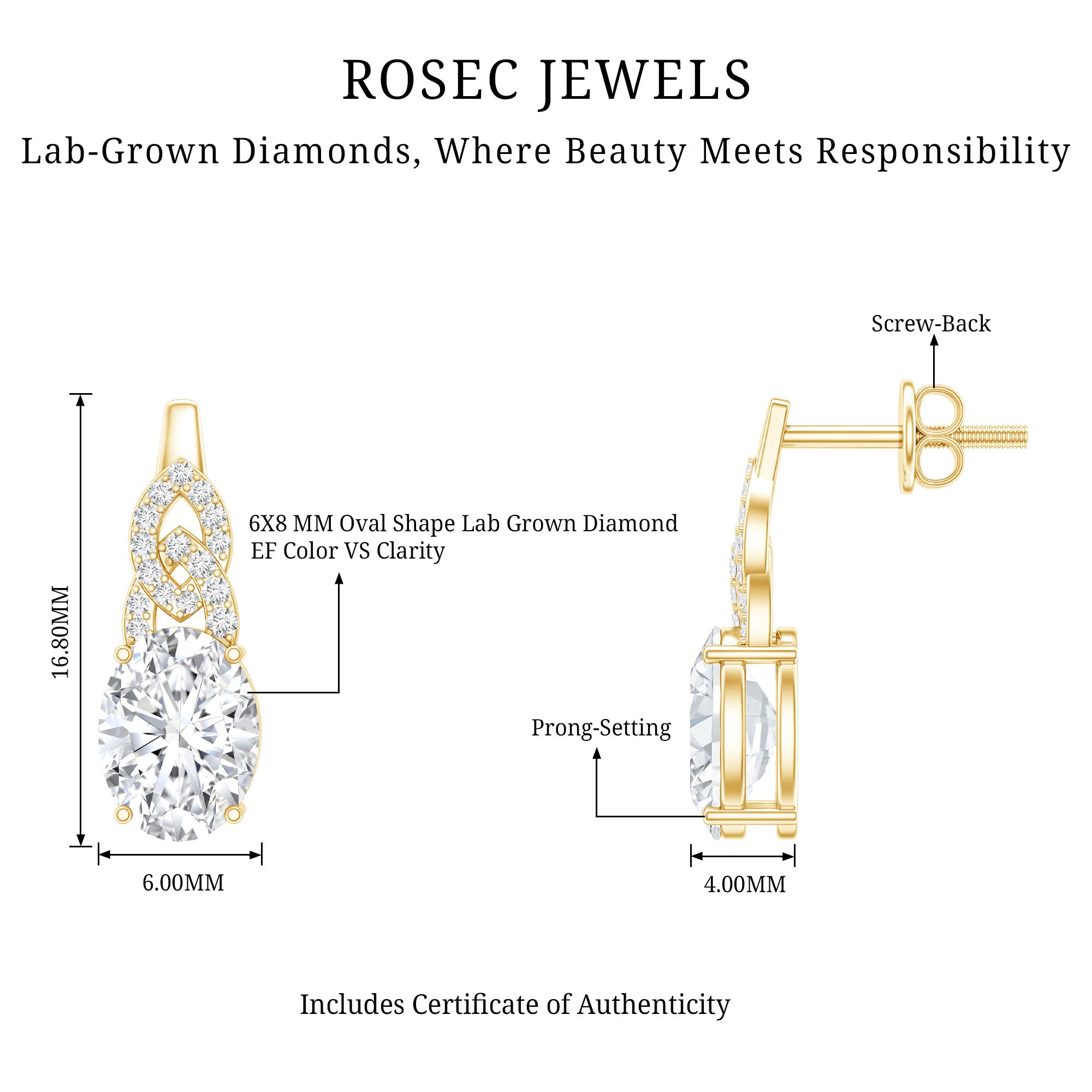 6X8 MM Oval Lab Grown Diamond Designer Stud Earrings Lab - ( EF-VS ) - Rosec Jewels