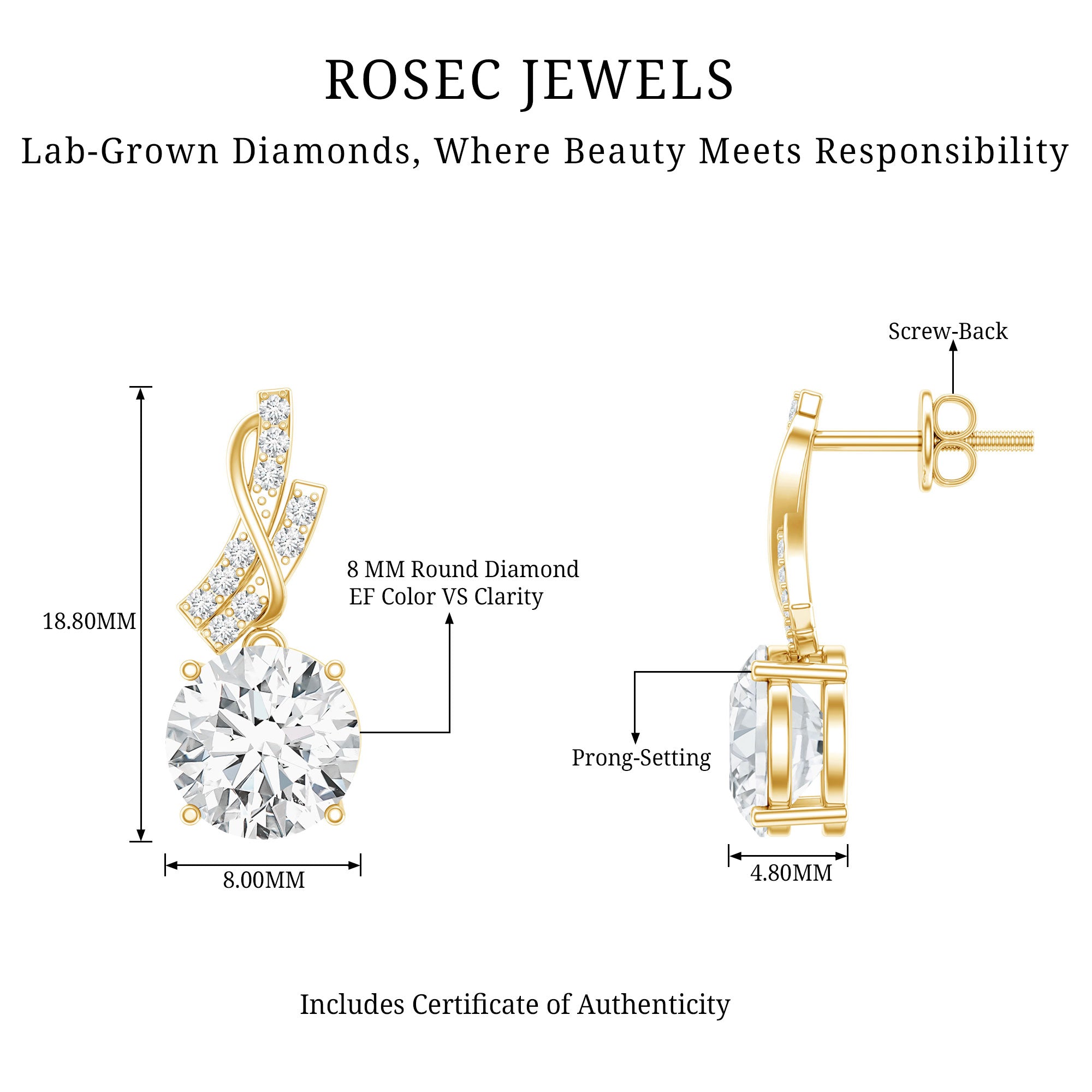 Certified Lab 8 mm Round Diamond Designer Drop Earrings Lab - ( EF-VS ) - Rosec Jewels