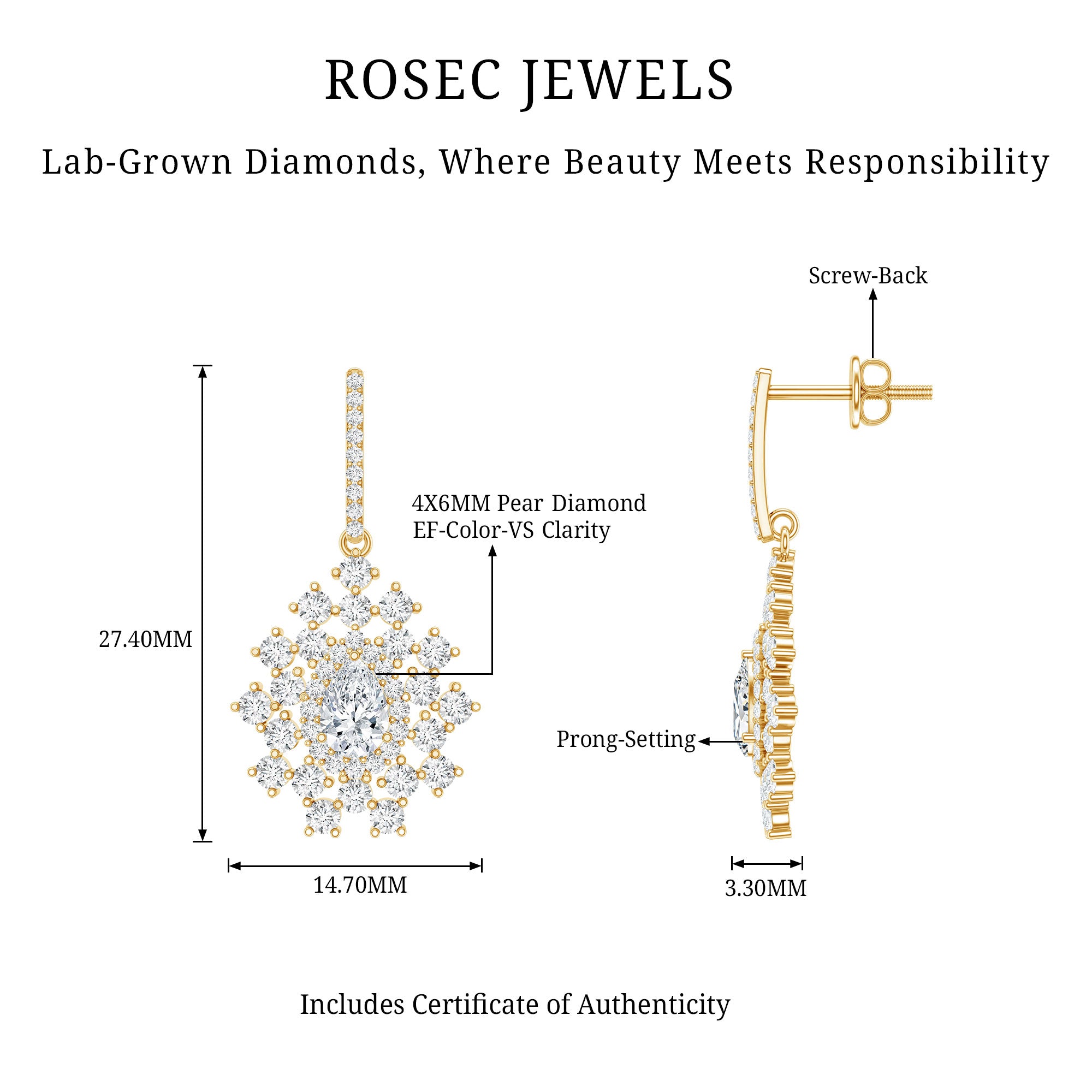 Certified Pear Shape Lab Grown Diamond Bridal Drop Earrings Lab - ( EF-VS ) - Rosec Jewels