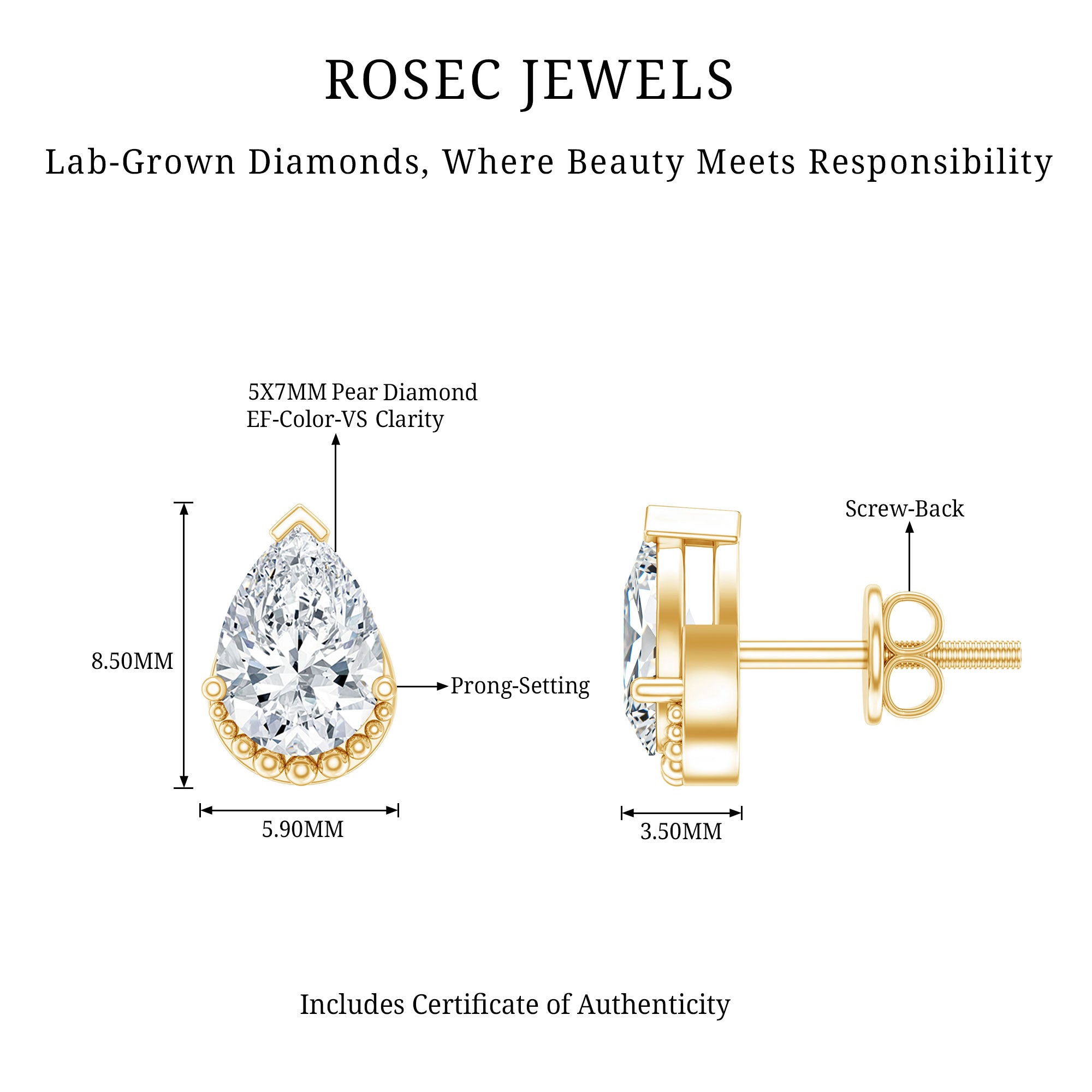 Certified Lab 5X7 MM Pear Diamond Designer Stud Earrings Lab - ( EF-VS ) - Rosec Jewels