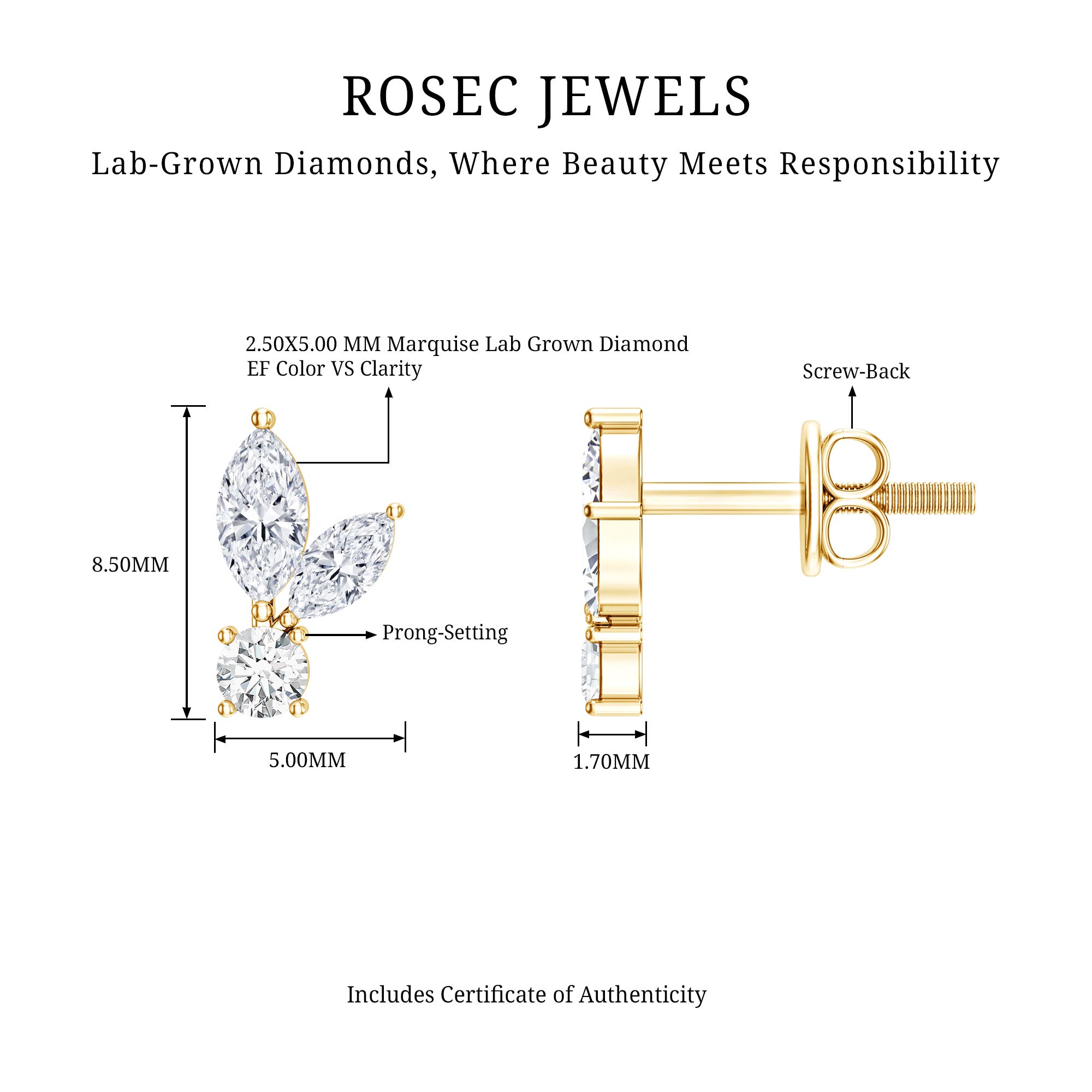 Certified Lab Grown Diamond Everyday Earrings With Screw Back Lab - ( EF-VS ) - Rosec Jewels