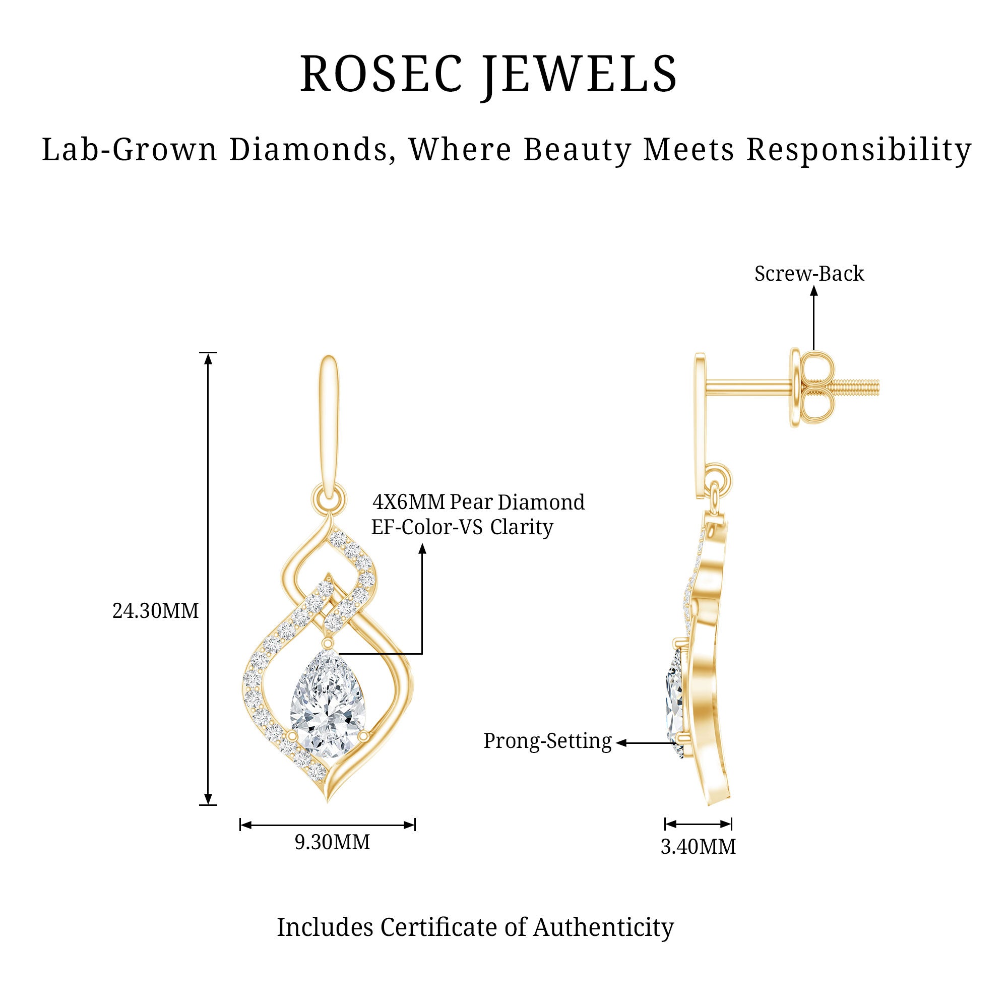 Certified Lab 4X6 MM Pear Shaped Diamond Drop Bridal Earrings Lab - ( EF-VS ) - Rosec Jewels