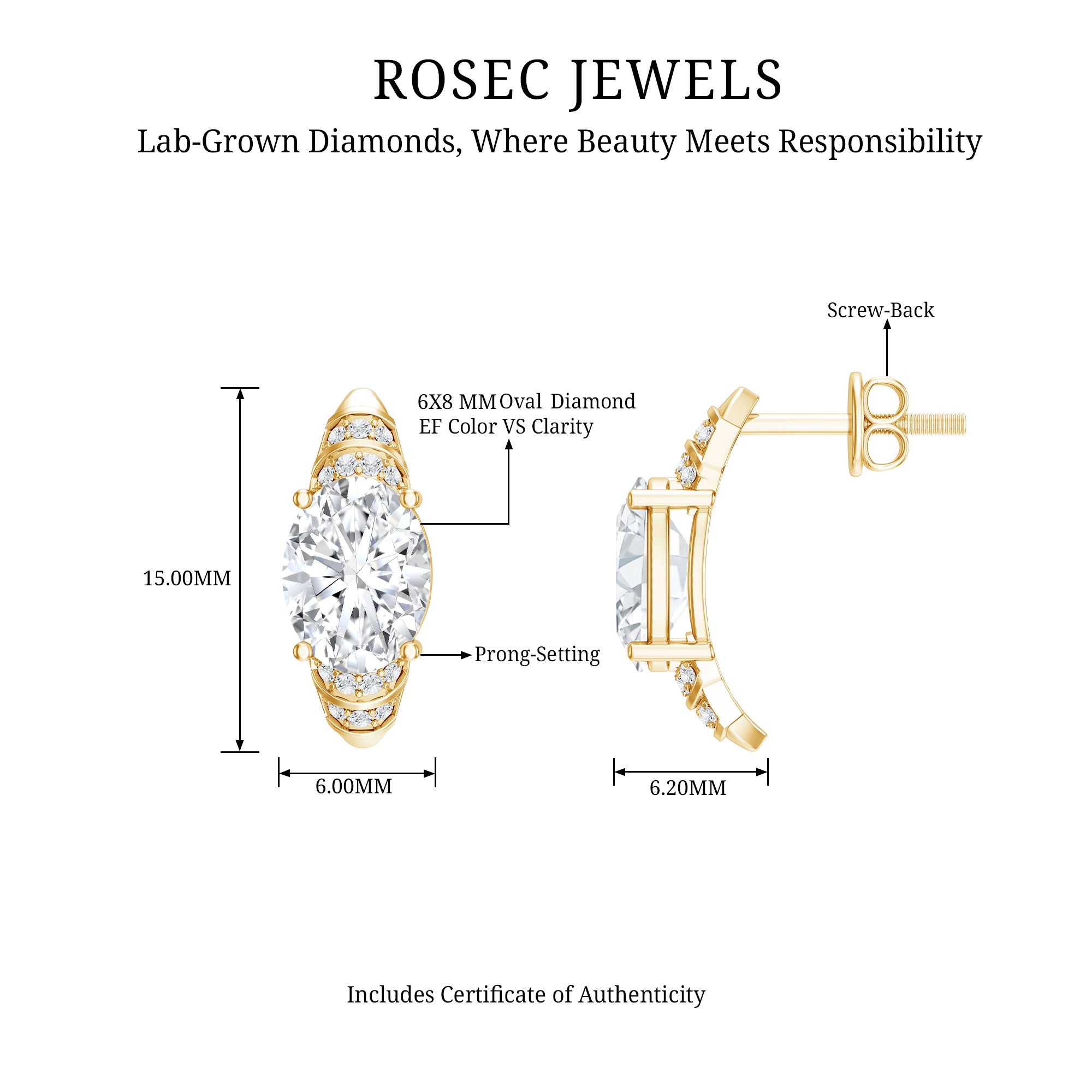2 Carat Oval Lab Grown Diamond Vintage Style Stud Earrings Lab - ( EF-VS ) - Rosec Jewels