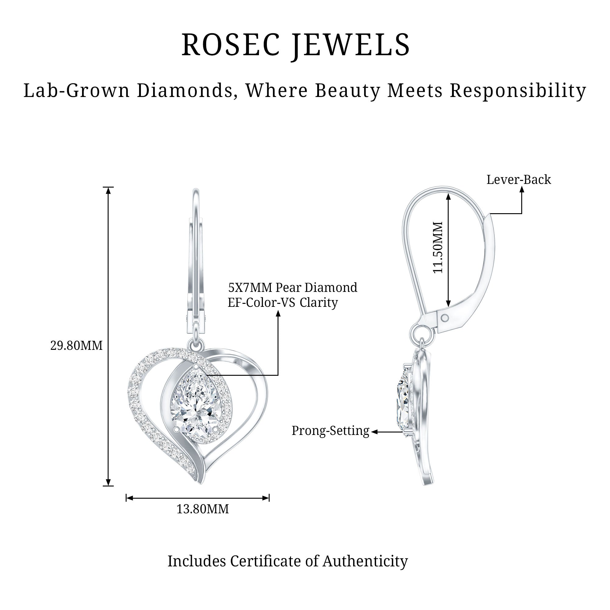 Certified 5X7MM Pear Lab Grown Diamond Heart Drop Earrings Lab - ( EF-VS ) - Rosec Jewels