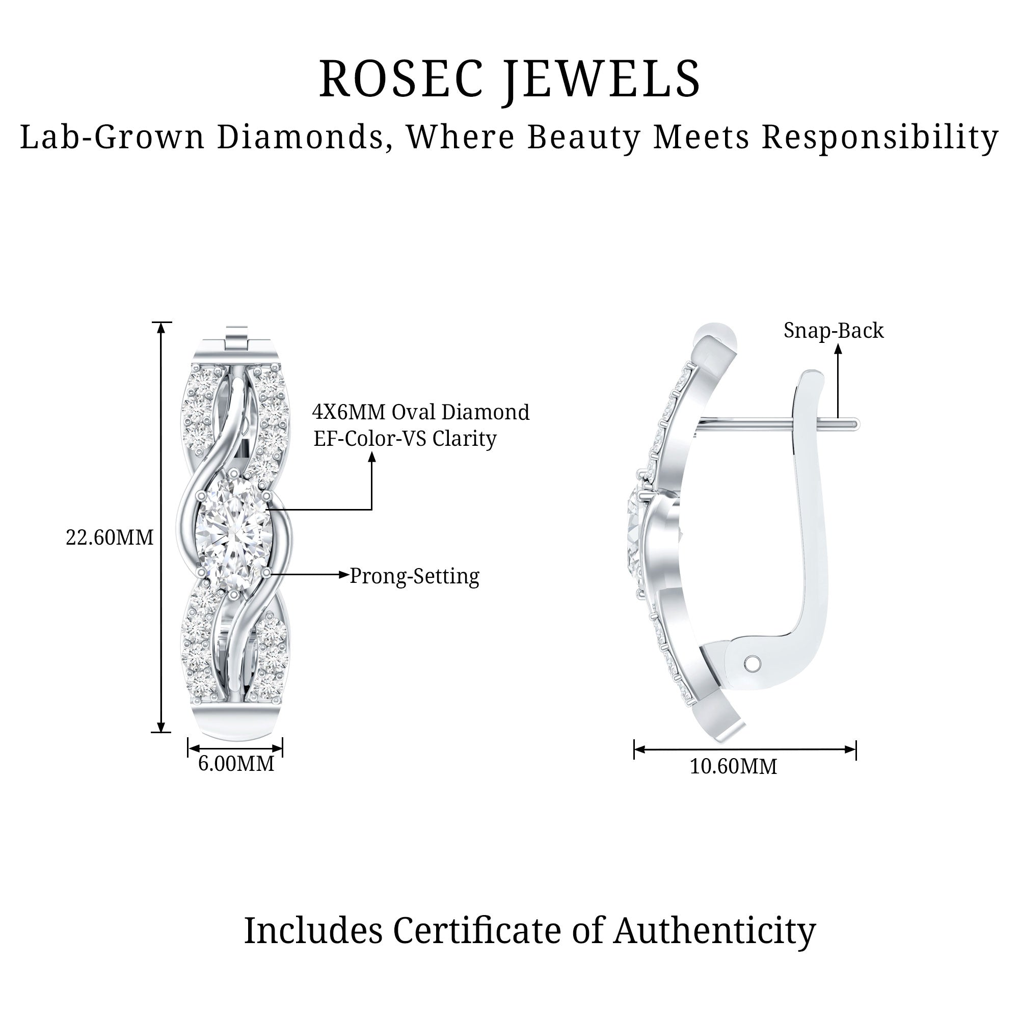 Certified Lab 4X6 mm Oval Diamond Infinity Earrings Lab - ( EF-VS ) - Rosec Jewels