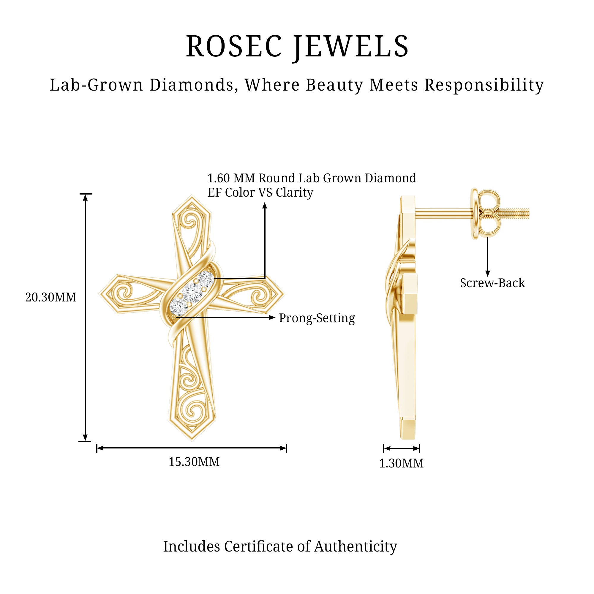 Certified Lab Grown Diamond Cross Art Deco Stud Earrings Lab - ( EF-VS ) - Rosec Jewels