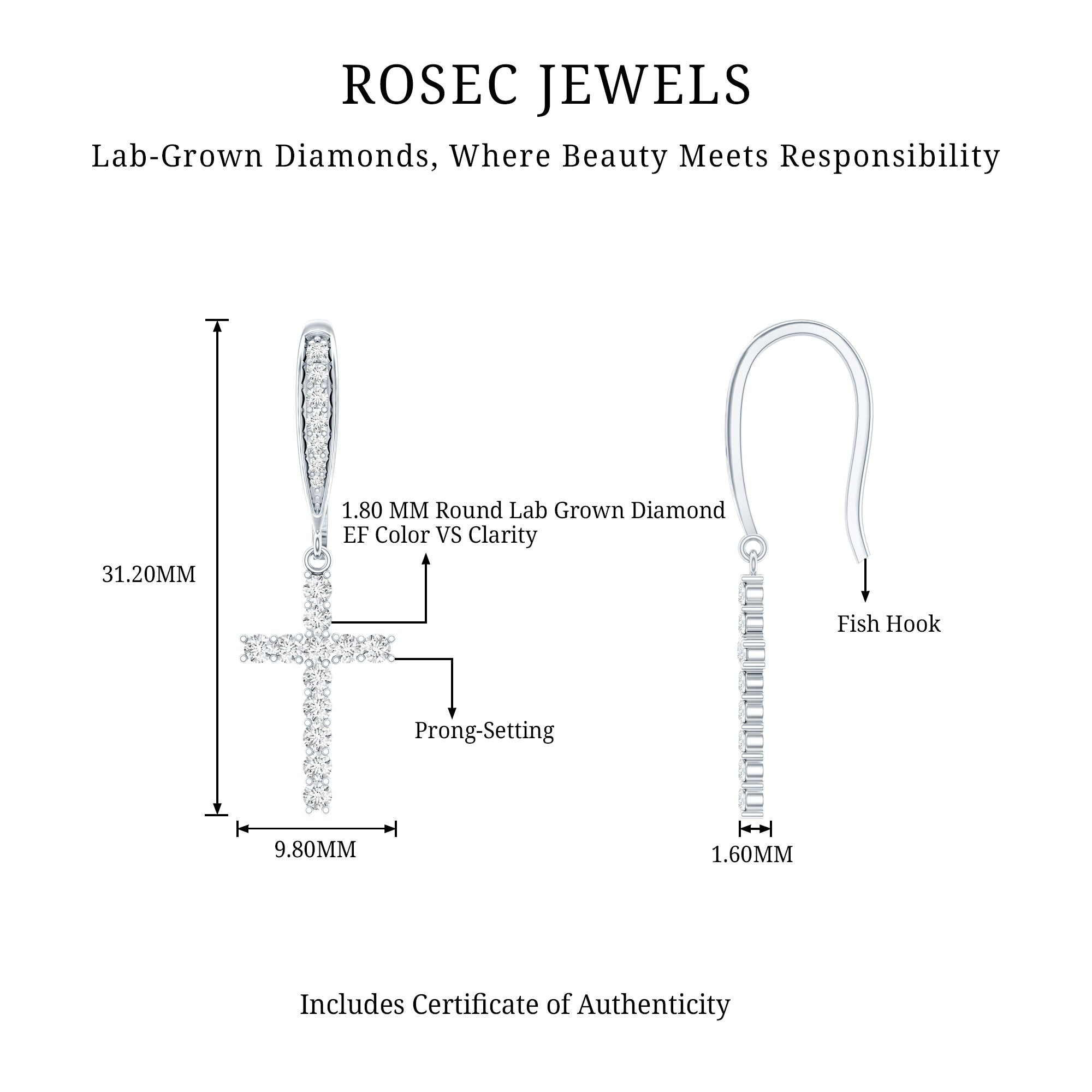 Certified Lab Grown Diamond Cross Fish Hook Earrings Lab - ( EF-VS ) - Rosec Jewels