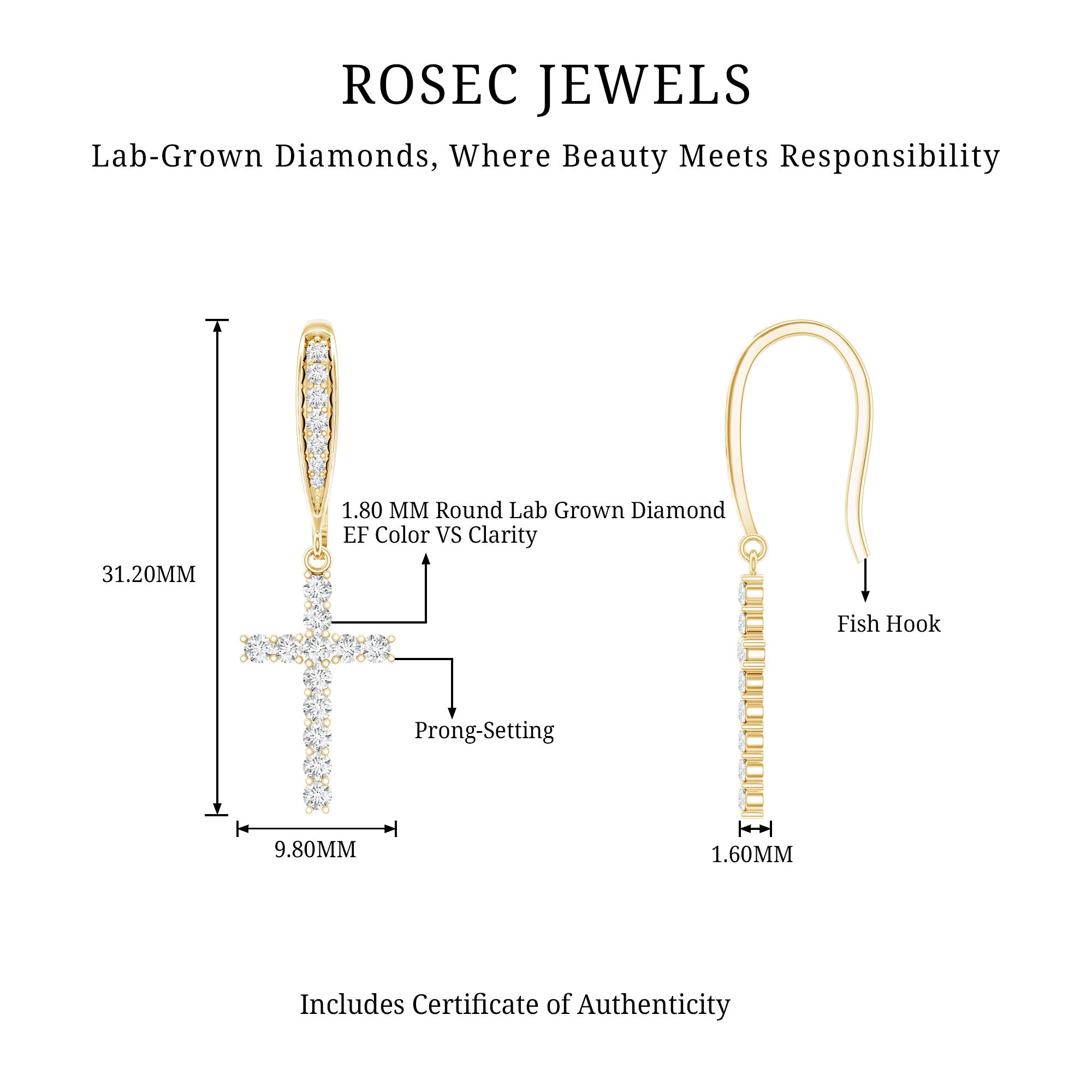 Certified Lab Grown Diamond Cross Fish Hook Earrings Lab - ( EF-VS ) - Rosec Jewels