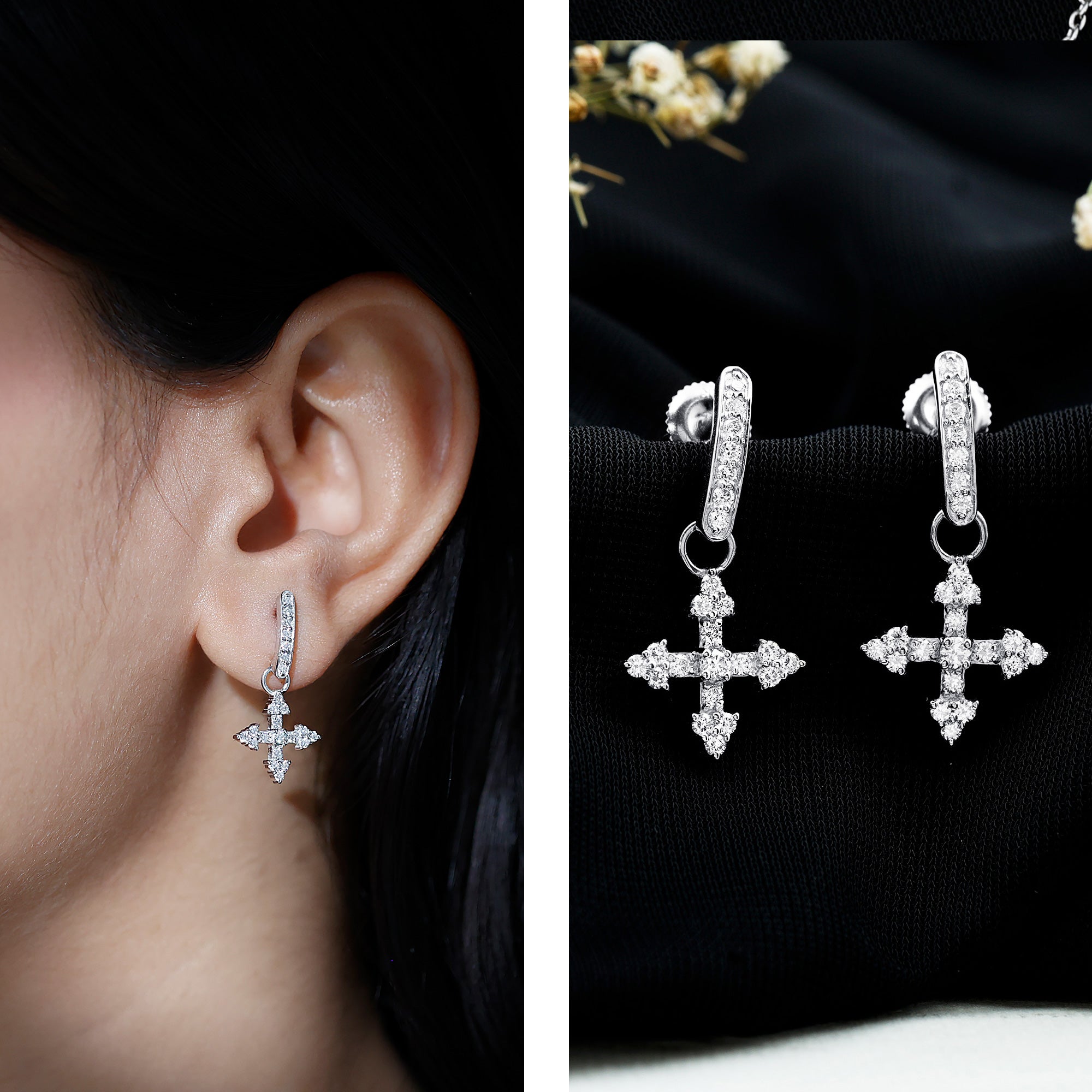 Certified Lab Grown Diamond Cross Drop Earrings For Her Lab - ( EF-VS ) - Rosec Jewels