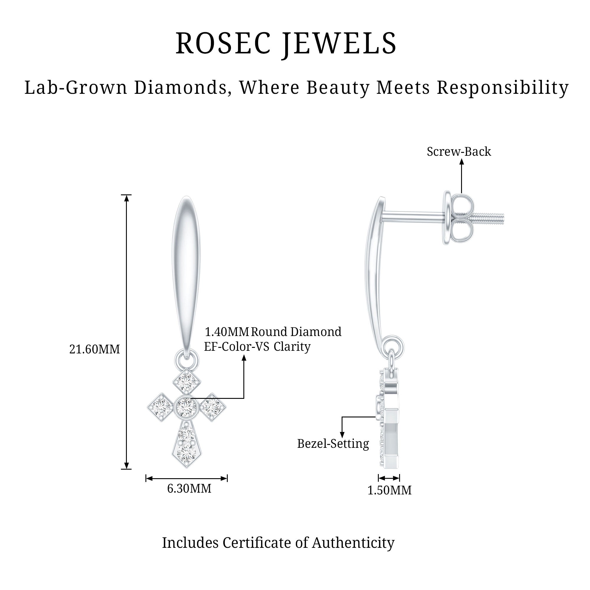 Lab Grown Diamond Cross Drop Earrings With Screw Back Lab - ( EF-VS ) - Rosec Jewels