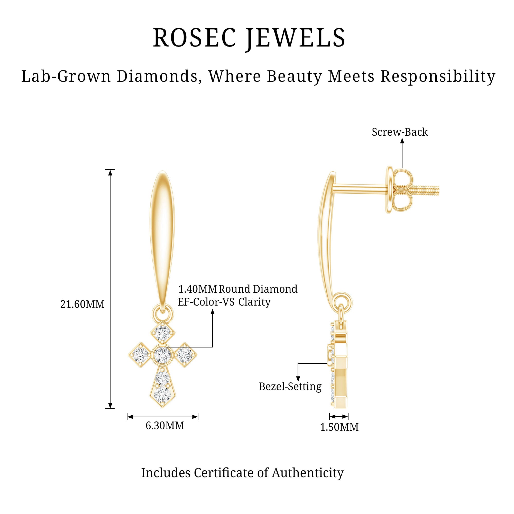 Lab Grown Diamond Cross Drop Earrings With Screw Back Lab - ( EF-VS ) - Rosec Jewels