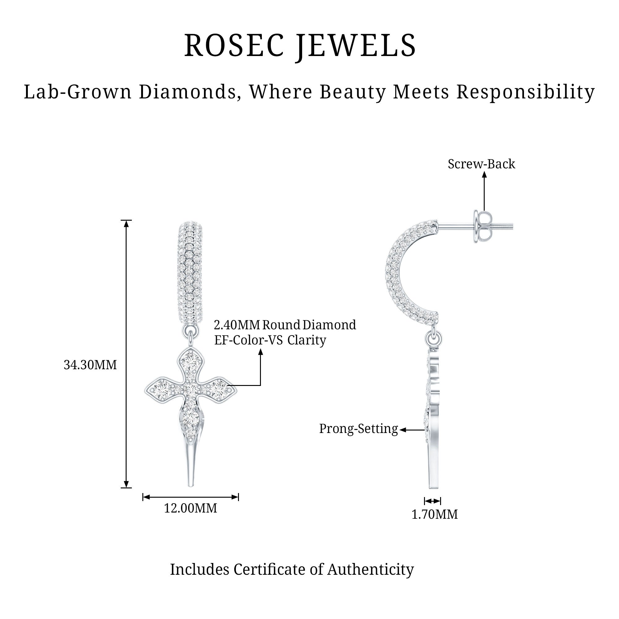 Lab Grown Diamond Designer Cross Earrings With Screw Back Lab - ( EF-VS ) - Rosec Jewels