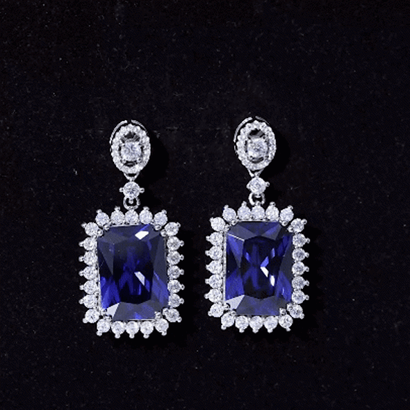 18 Carat Lab Blue Sapphire Wedding Dangle Earrings AAAA 92.5 Sterling Silver - Rosec Jewels