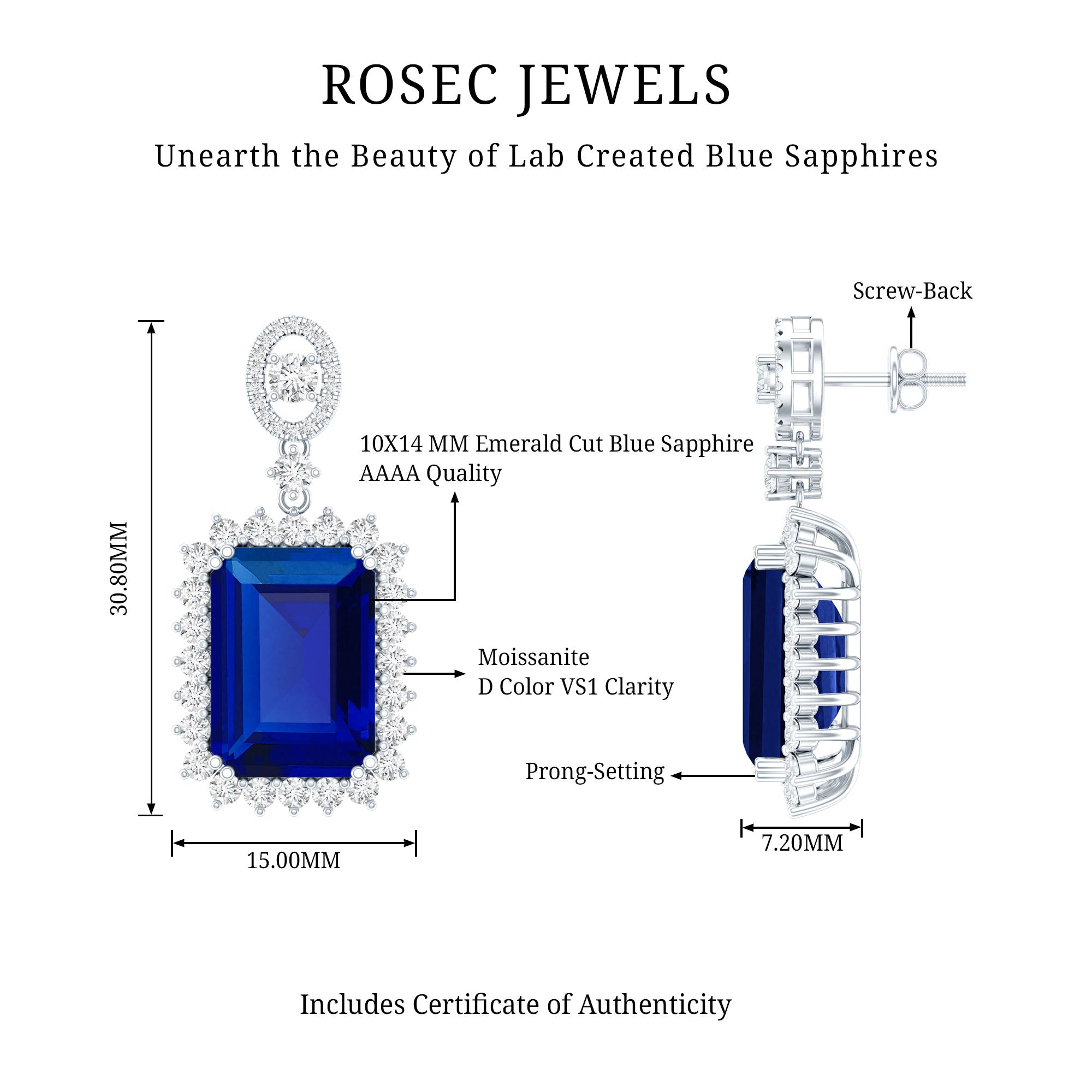 18 Carat Lab Blue Sapphire Wedding Dangle Earrings AAAA 92.5 Sterling Silver - Rosec Jewels