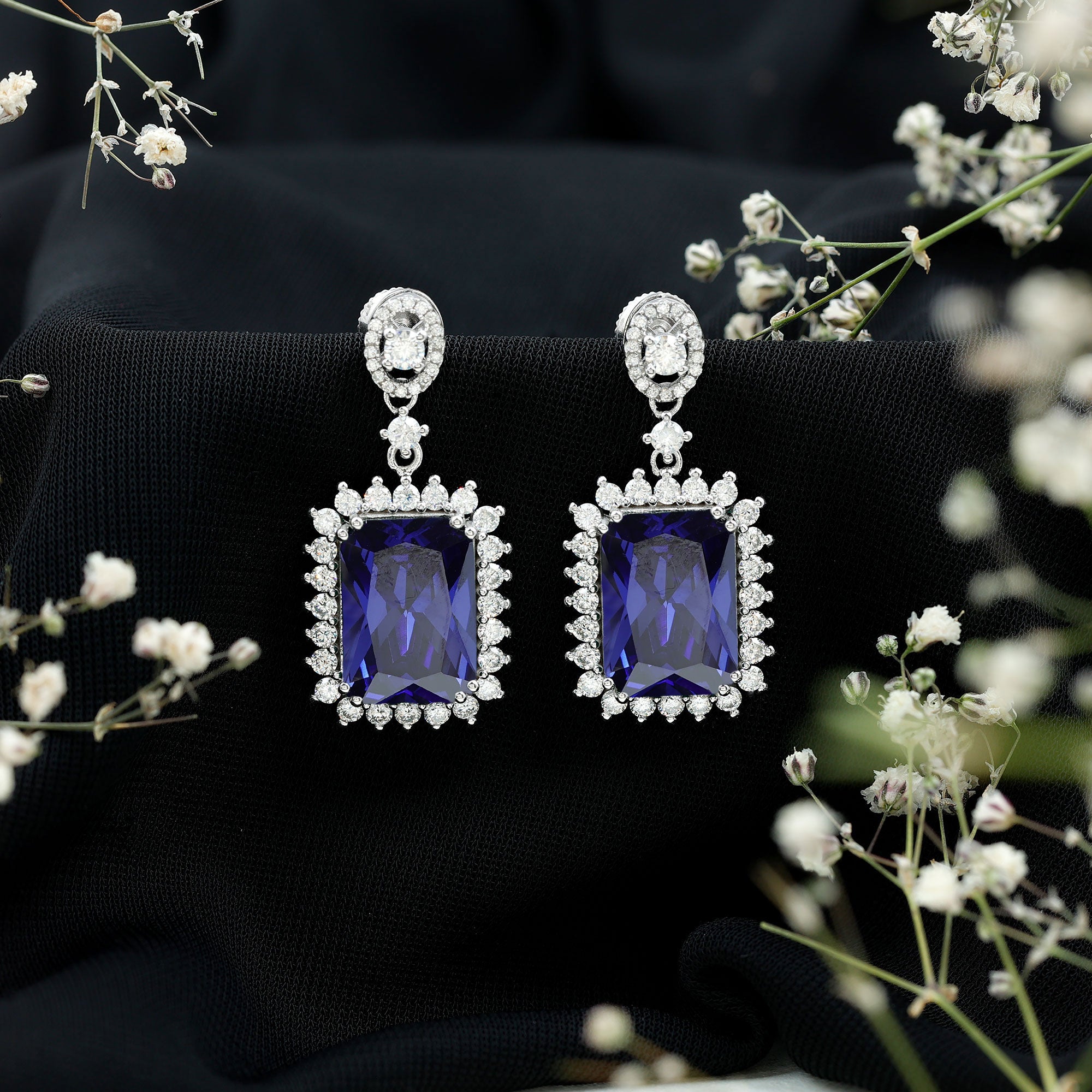 18 Carat Lab Blue Sapphire Wedding Dangle Earrings AAAA 92.5 Sterling Silver - Rosec Jewels