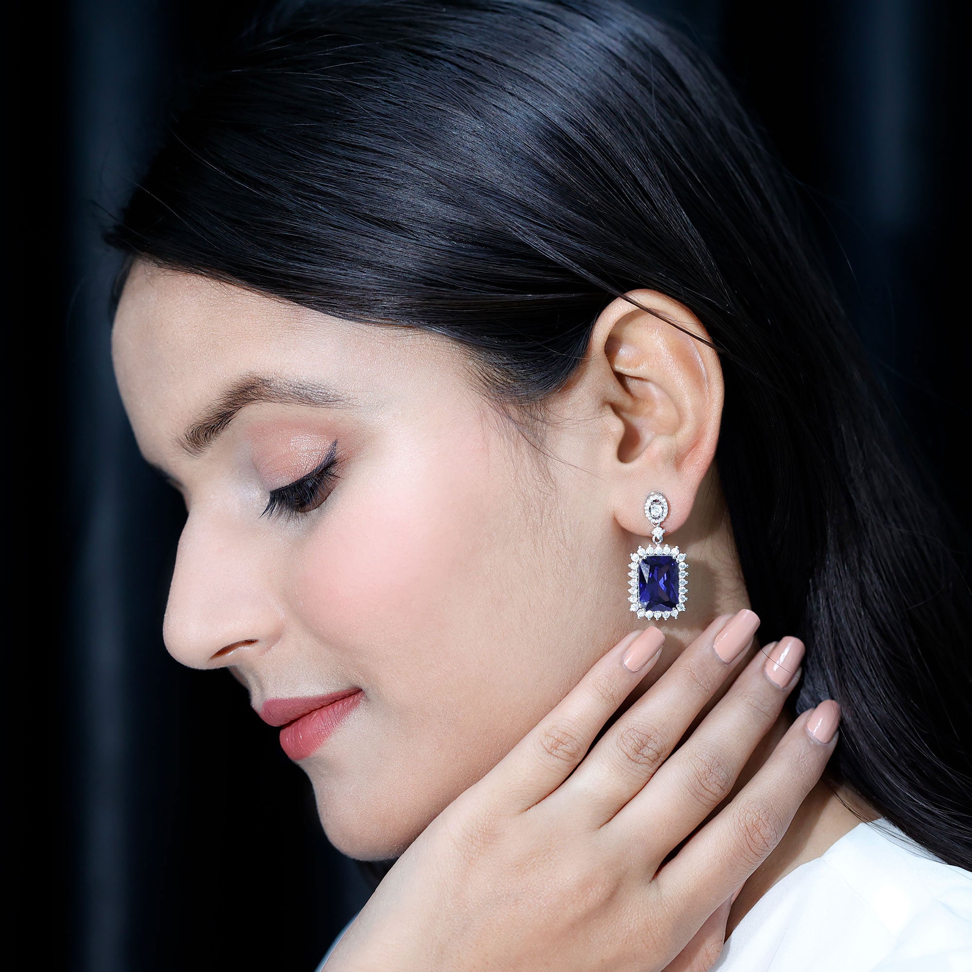 18 Carat Lab Blue Sapphire Wedding Dangle Earrings AAAA 92.5 Sterling Silver - Rosec Jewels