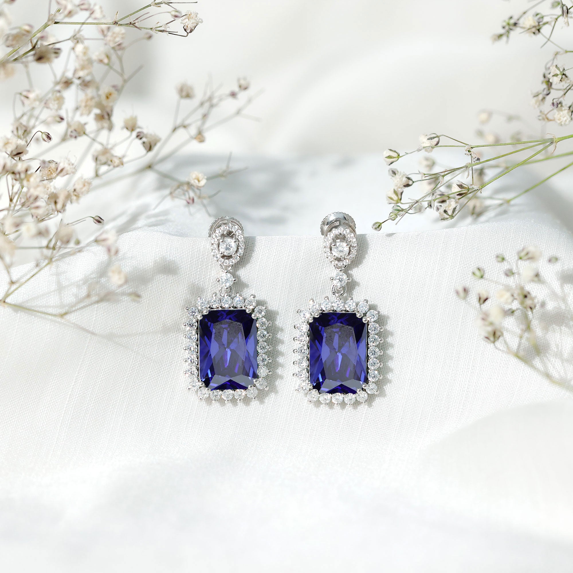 18 Carat Lab Blue Sapphire Wedding Dangle Earrings AAAA 92.5 Sterling Silver - Rosec Jewels