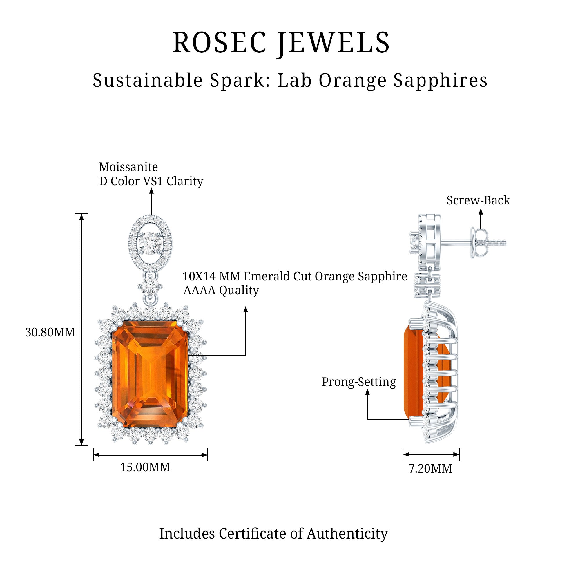 Certified 18 Carat Lab Grown Orange Sapphire Statement Earrings in Silver AAAA 92.5 Sterling Silver - Rosec Jewels