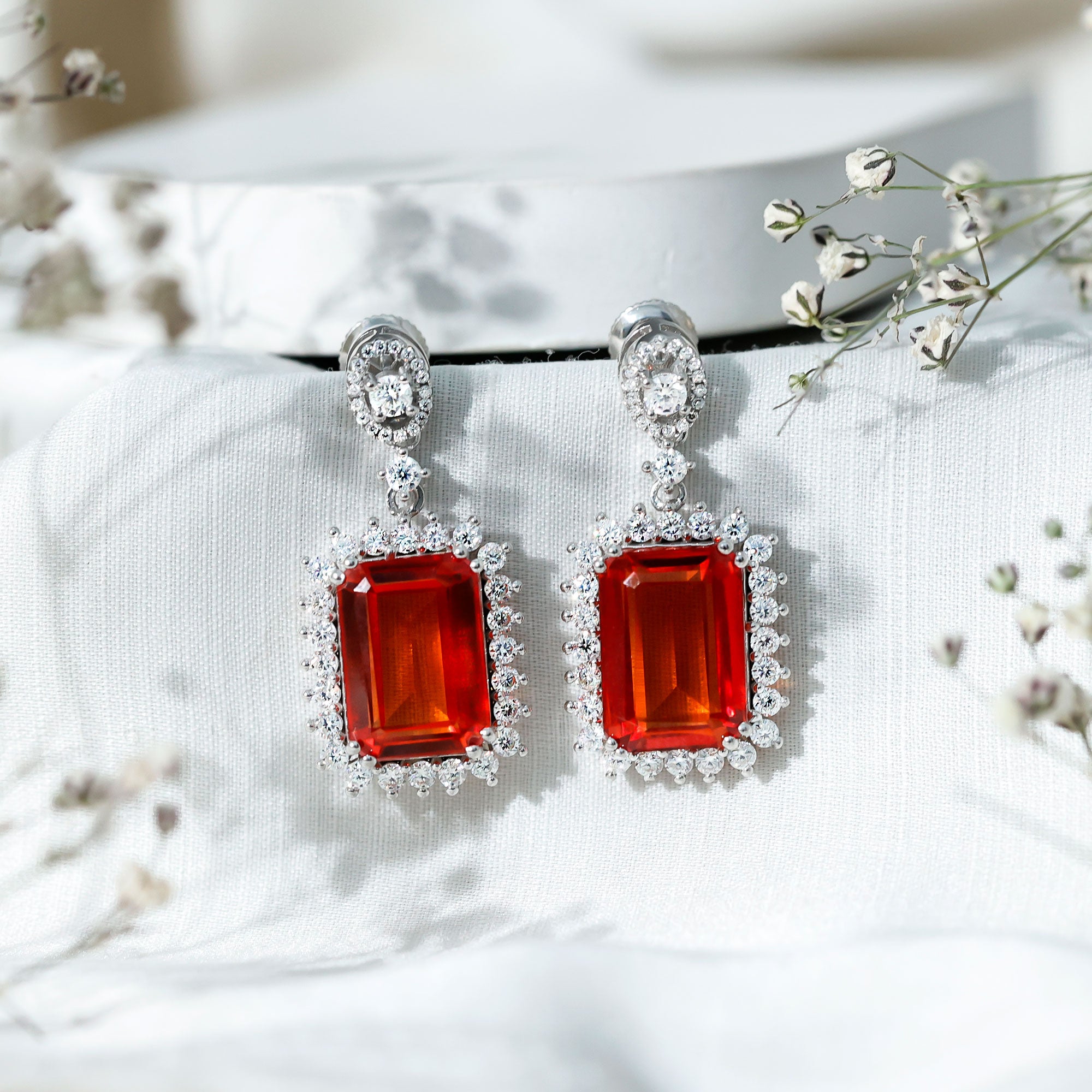 Certified 18 Carat Lab Grown Orange Sapphire Statement Earrings in Silver AAAA 92.5 Sterling Silver - Rosec Jewels