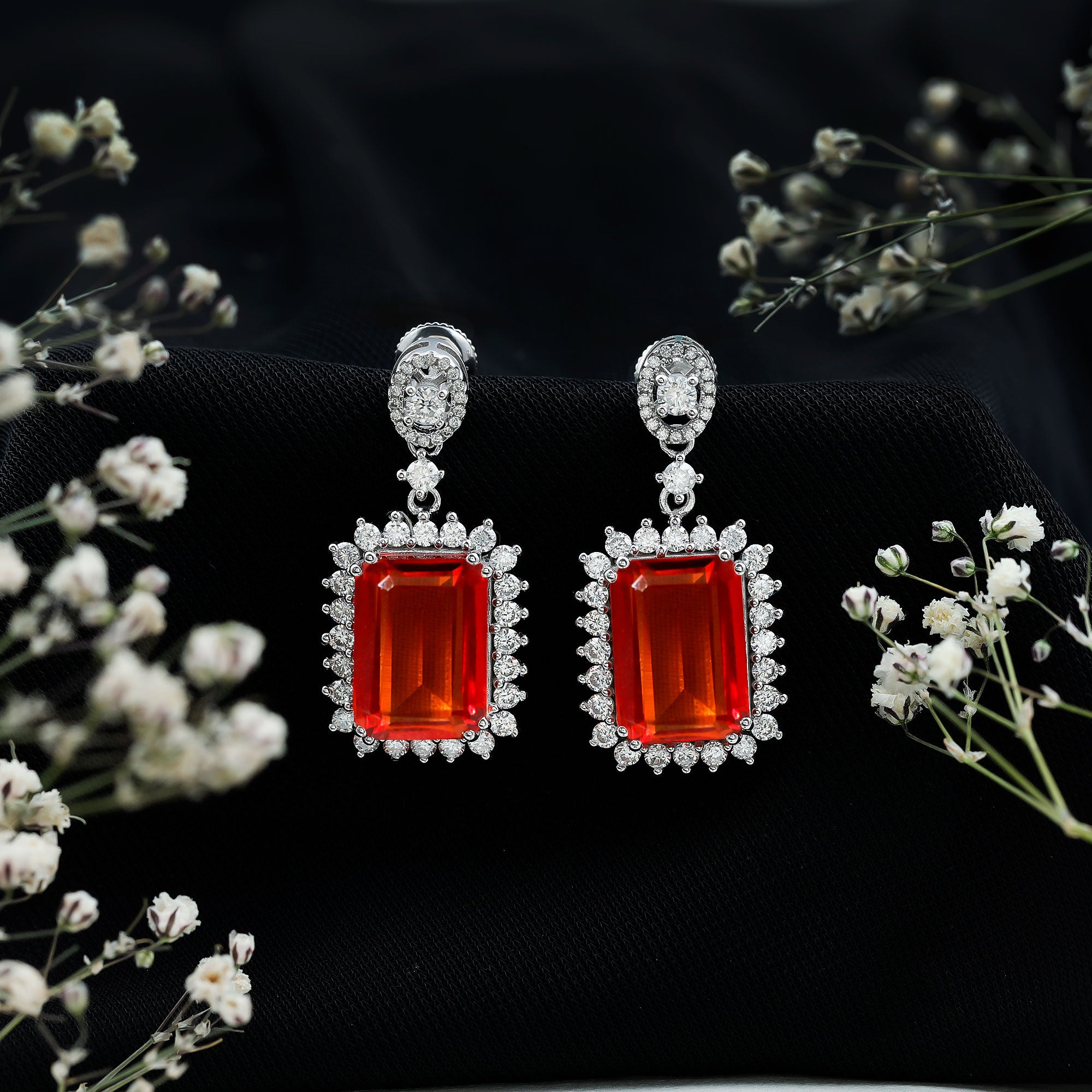 Certified 18 Carat Lab Grown Orange Sapphire Statement Earrings in Silver AAAA 92.5 Sterling Silver - Rosec Jewels
