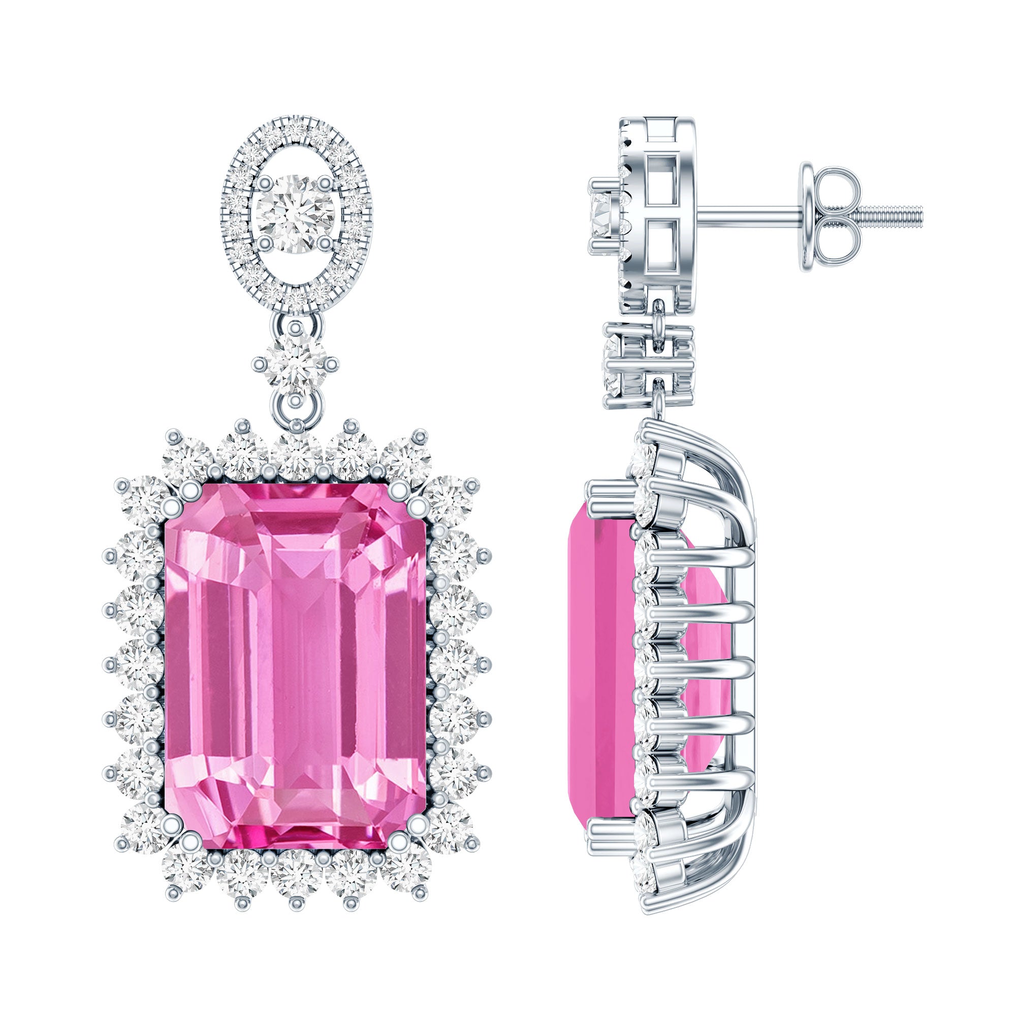 18 Carat Emerald Cut Lab Grown Pink Sapphire Statement Earrings for Wedding AAAA 92.5 Sterling Silver - Rosec Jewels