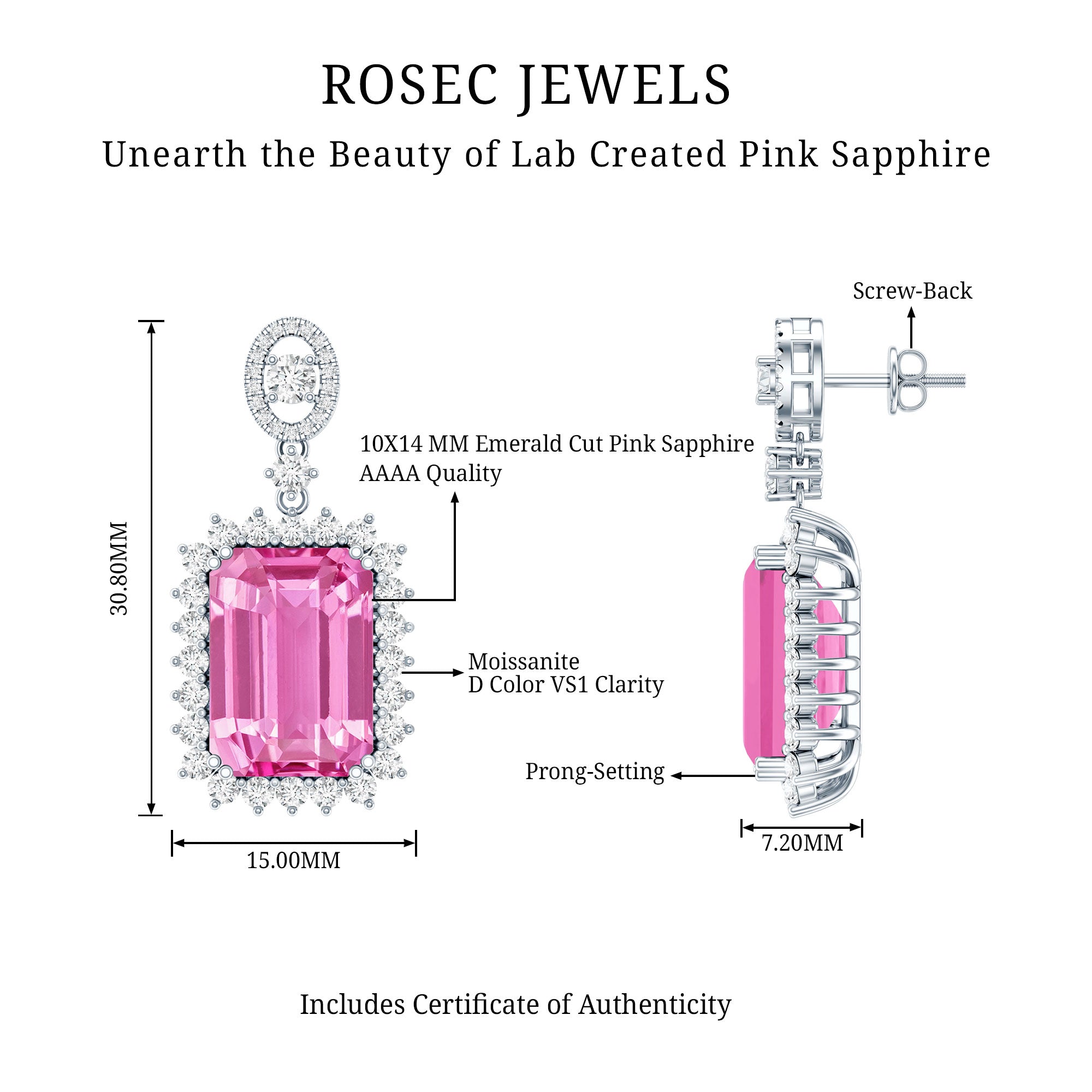 18 Carat Emerald Cut Lab Grown Pink Sapphire Statement Earrings for Wedding AAAA 92.5 Sterling Silver - Rosec Jewels