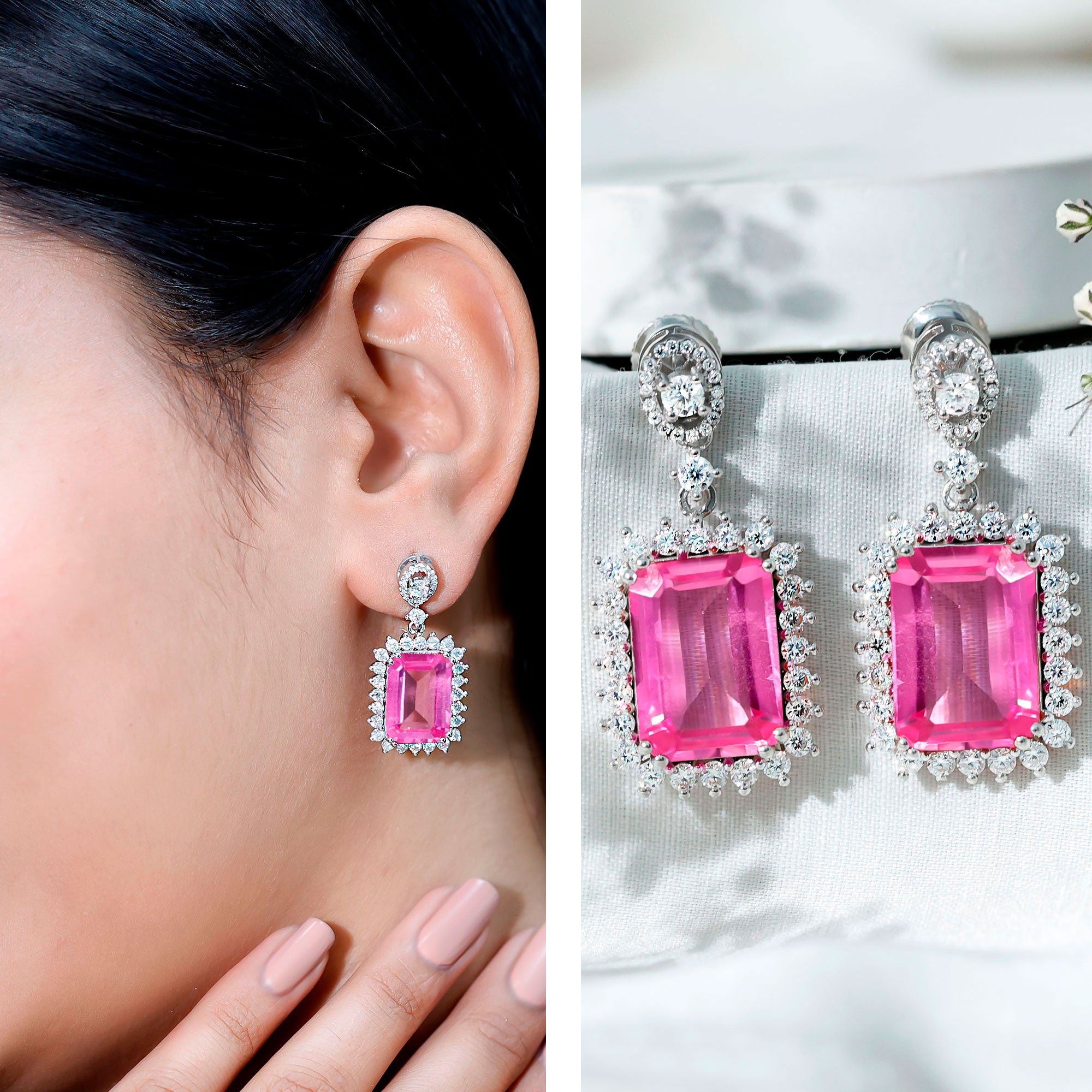 18 Carat Emerald Cut Lab Grown Pink Sapphire Statement Earrings for Wedding AAAA 92.5 Sterling Silver - Rosec Jewels
