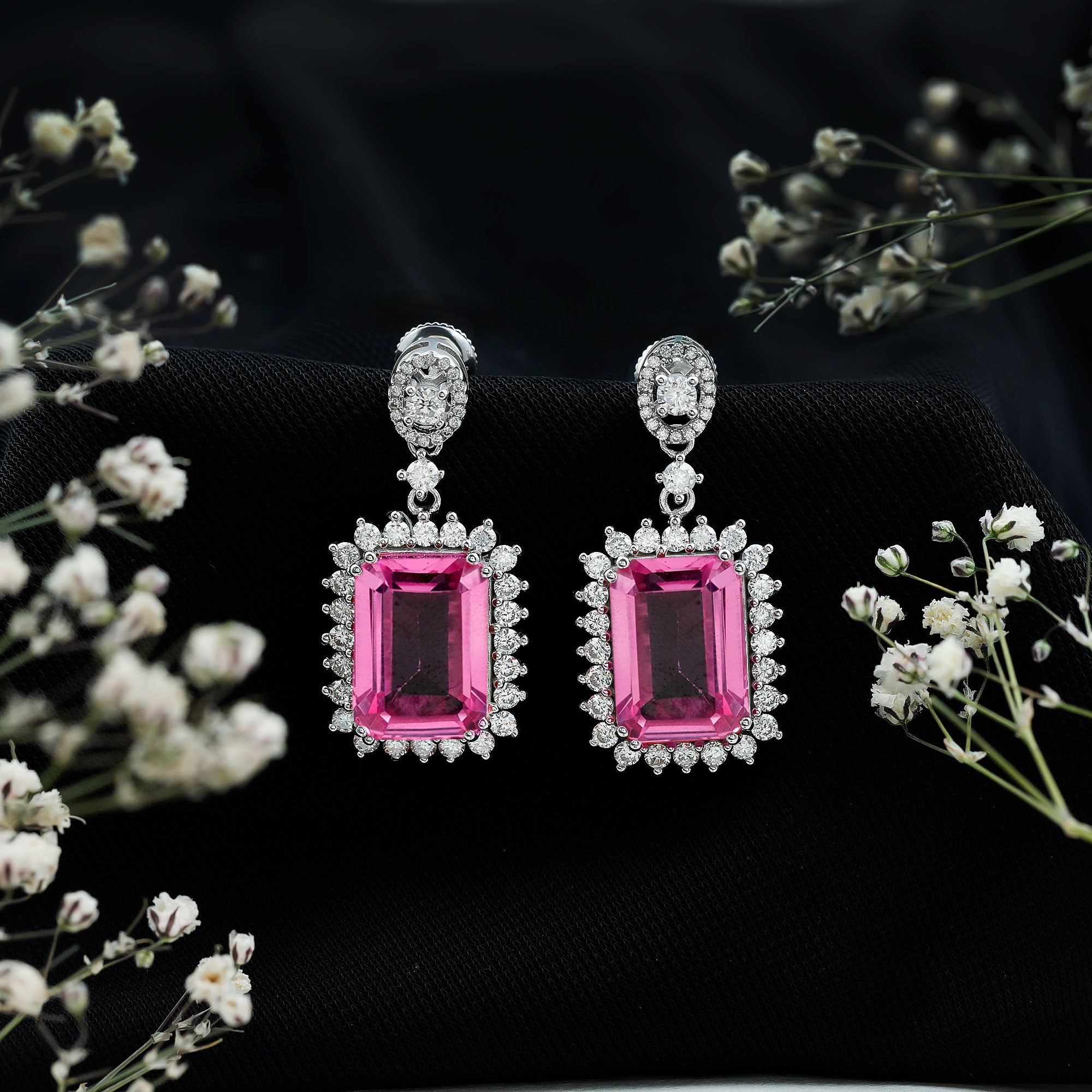 18 Carat Emerald Cut Lab Grown Pink Sapphire Statement Earrings for Wedding AAAA 92.5 Sterling Silver - Rosec Jewels