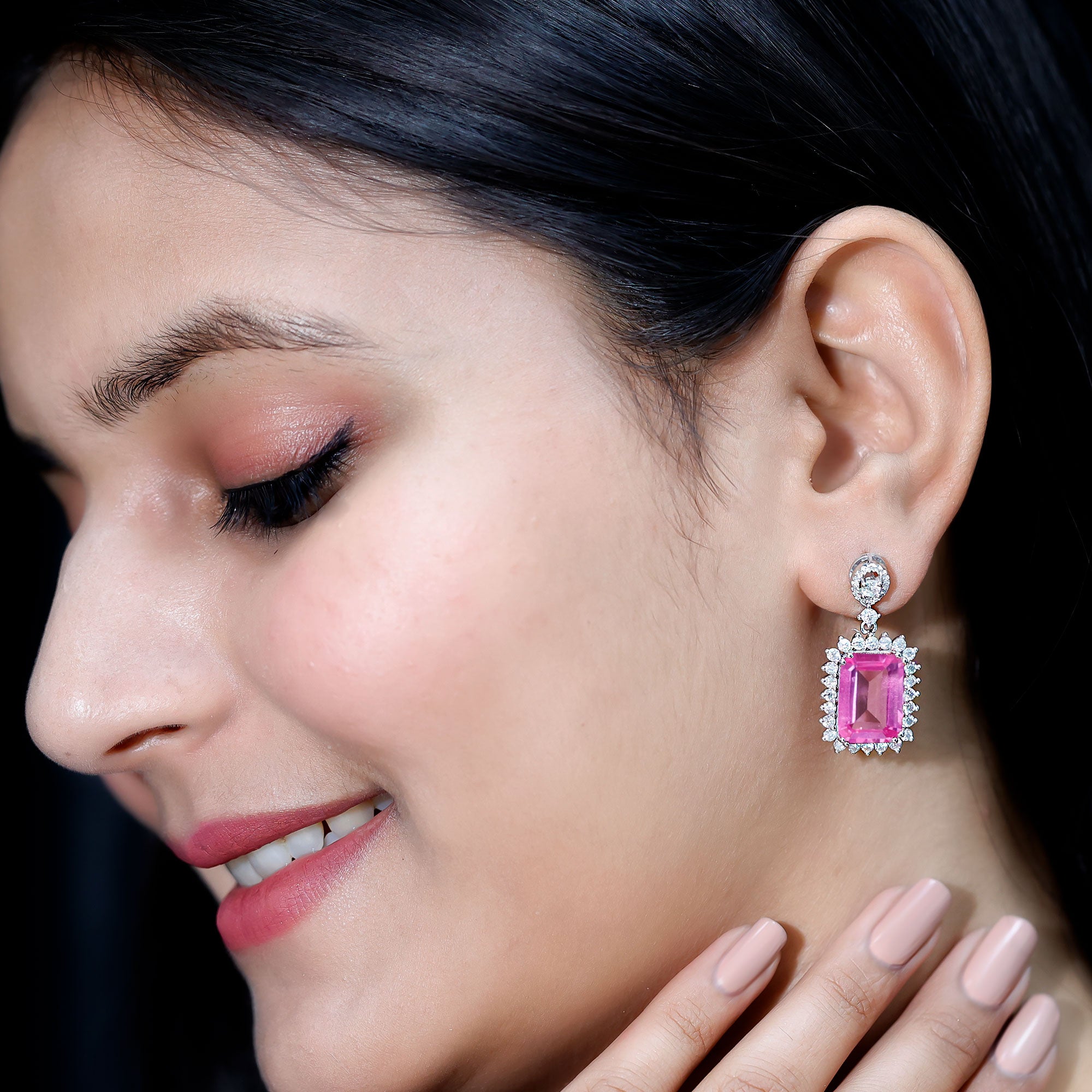 18 Carat Emerald Cut Lab Grown Pink Sapphire Statement Earrings for Wedding AAAA 92.5 Sterling Silver - Rosec Jewels