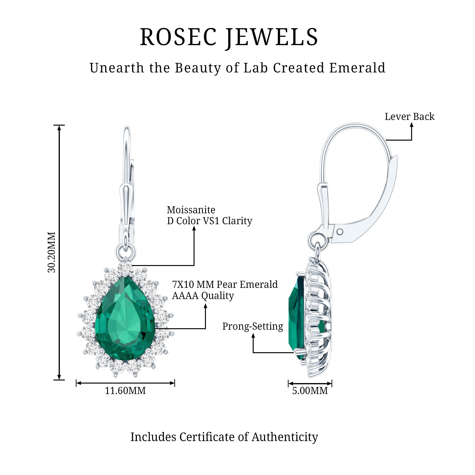 Certified Lab Grown Emerald Hoop Drop Earring in Silver AAAA 92.5 Sterling Silver - Rosec Jewels